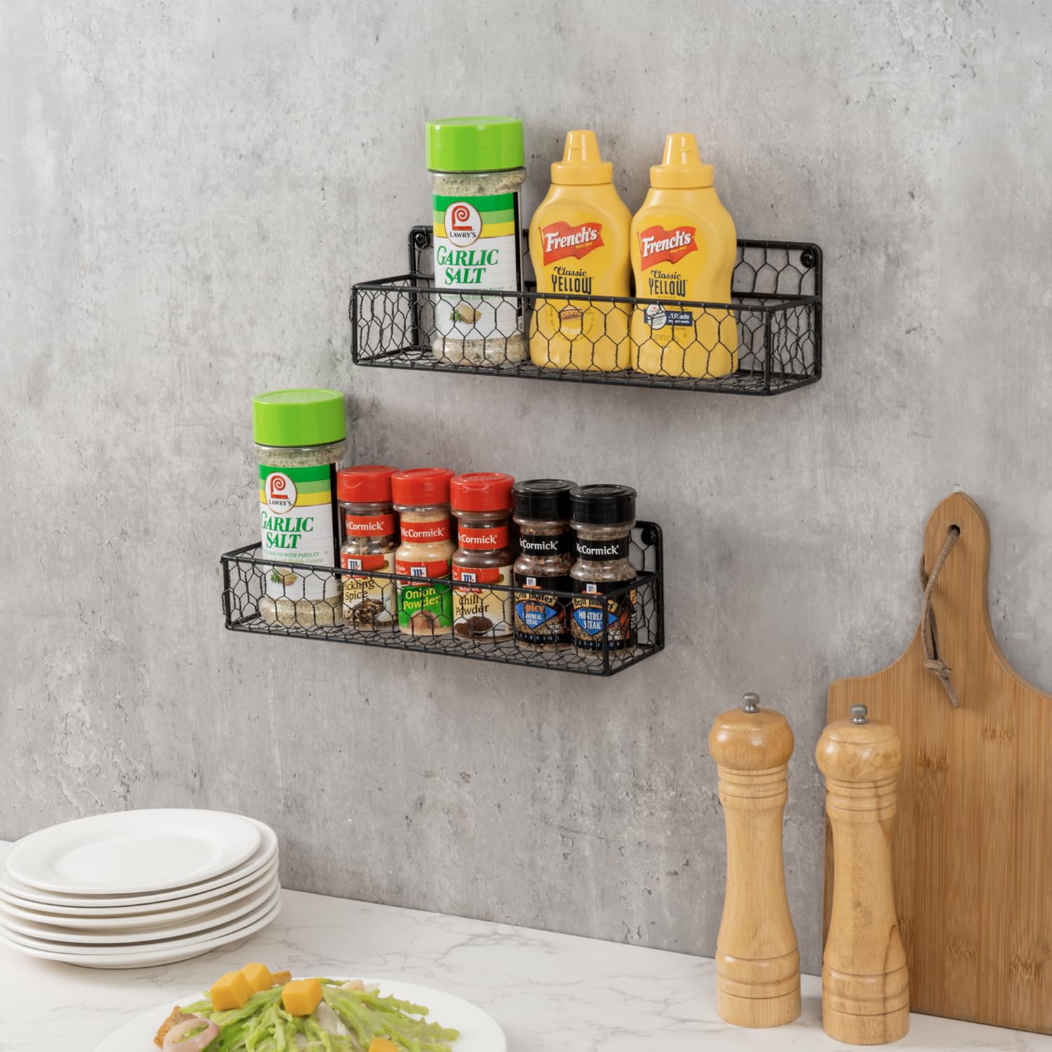 MyGift 12-Inch Black Wall Mount Spice Rack Organizer - Set of 2 Chicken Wire Kitchen Shelves for Spices, Condiments & Seasonings | Perfect for Small Kitchen Organization, Pantry Storage & Cooking Space Saving