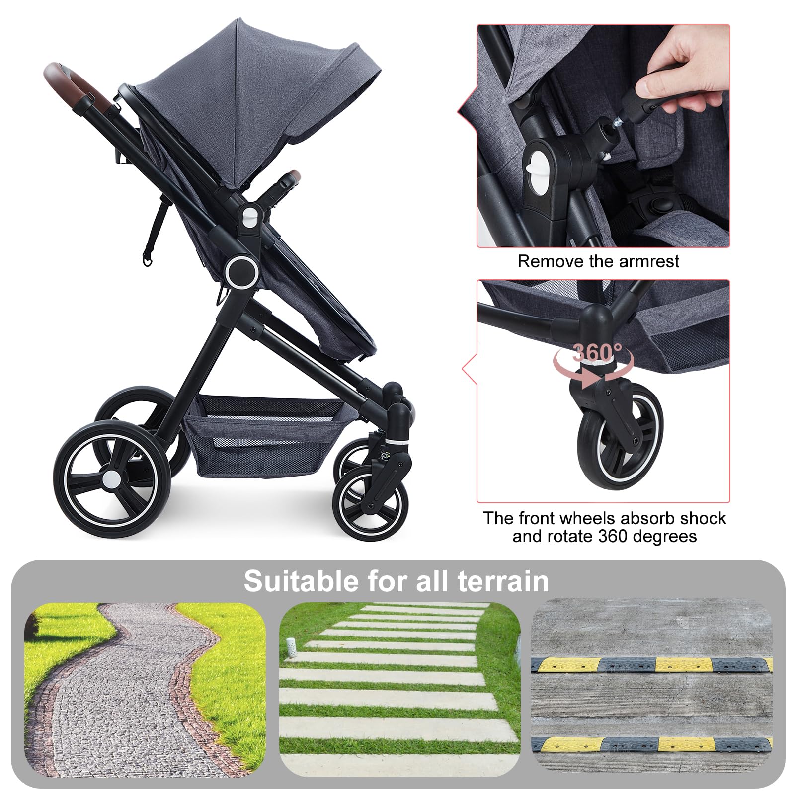 2 in 1 Baby Stroller for Newborn to Toddler (0-3 Years) - Convertible Bassinet Stroller with Large Storage Basket, Shock Absorption & Removable Seat - Perfect for Shopping, Travel & Daily Walks with Cup Holder & Parent Tray
