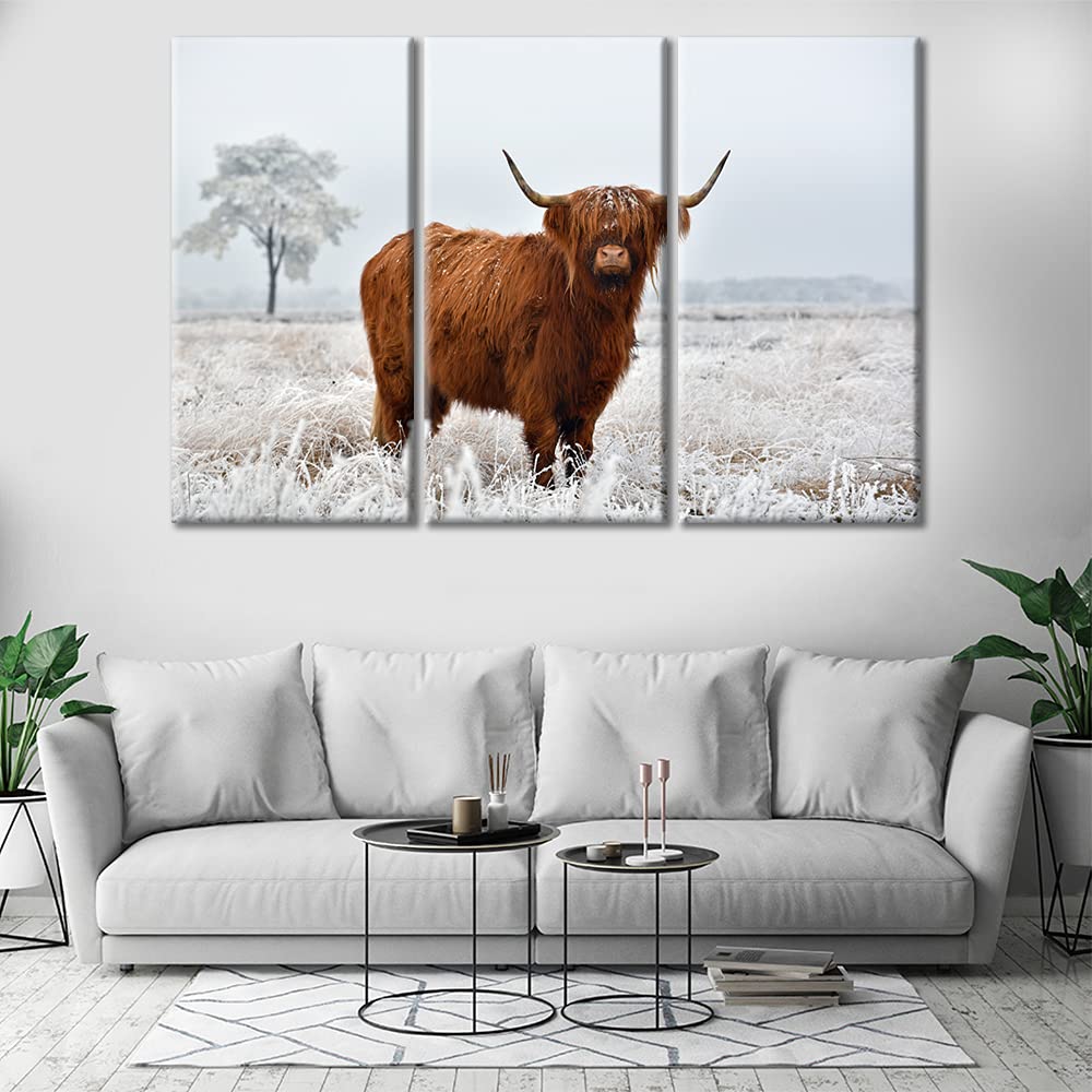 Scottish Highland Cattle Winter Landscape Canvas Wall Art - 3 Panel Framed Highland Cow Painting for Living Room Decor, 60x40 Inches, Ready to Hang - Perfect for Farmhouse, Rustic & Country Style Home Interiors
