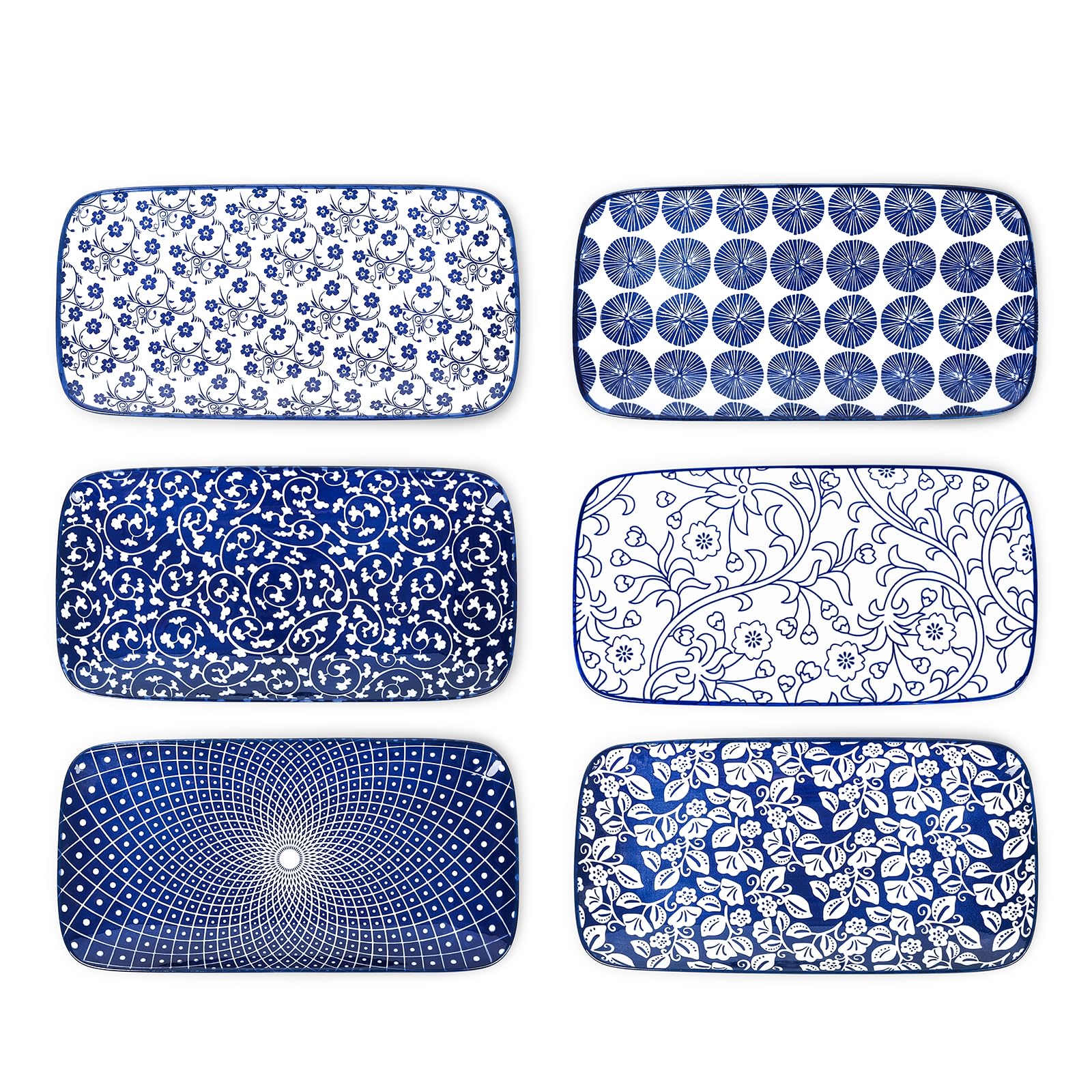 Selamica 12 Inch Ceramic Serving Platters - Set of 6 Large Rectangular Party Trays for Food Display, Appetizers & Entertaining - Vintage Blue Dinnerware for Weddings, Buffets & Holiday Gatherings