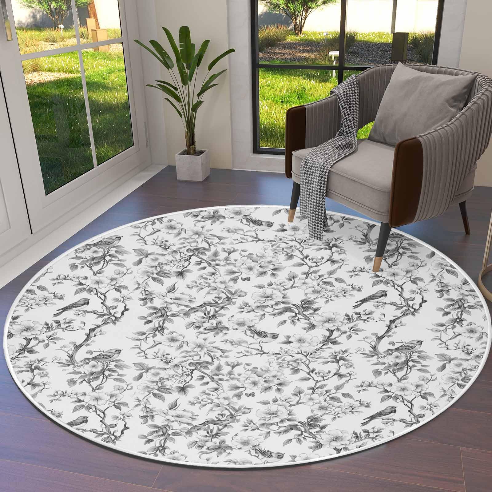 DecorLovee Grey Botanical Round Area Rug 3ft - Soft Machine Washable Non-Shedding Circle Rug for Kids Room, Living Room, Bedroom | Watercolor Bird Design Floor Mat for Nursery, Dorm, Home Decor