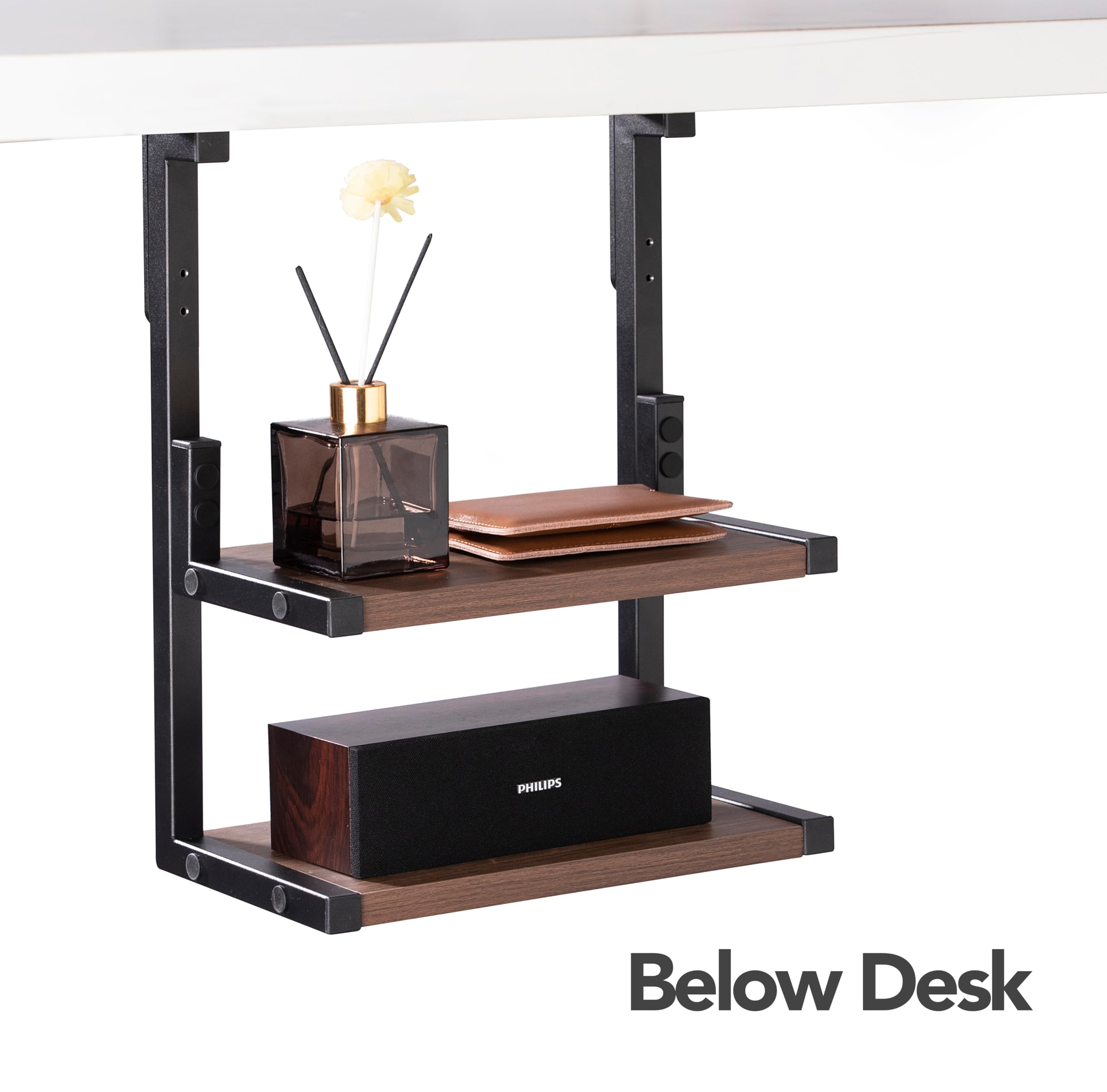 2-Tier Clamp on Desk Shelf Organizer - 12.6 x 7 Inch Under Desk Storage Tray | Space-Saving Workspace Solution for Office & Home | Perfect for Laptops, Books & Office Supplies