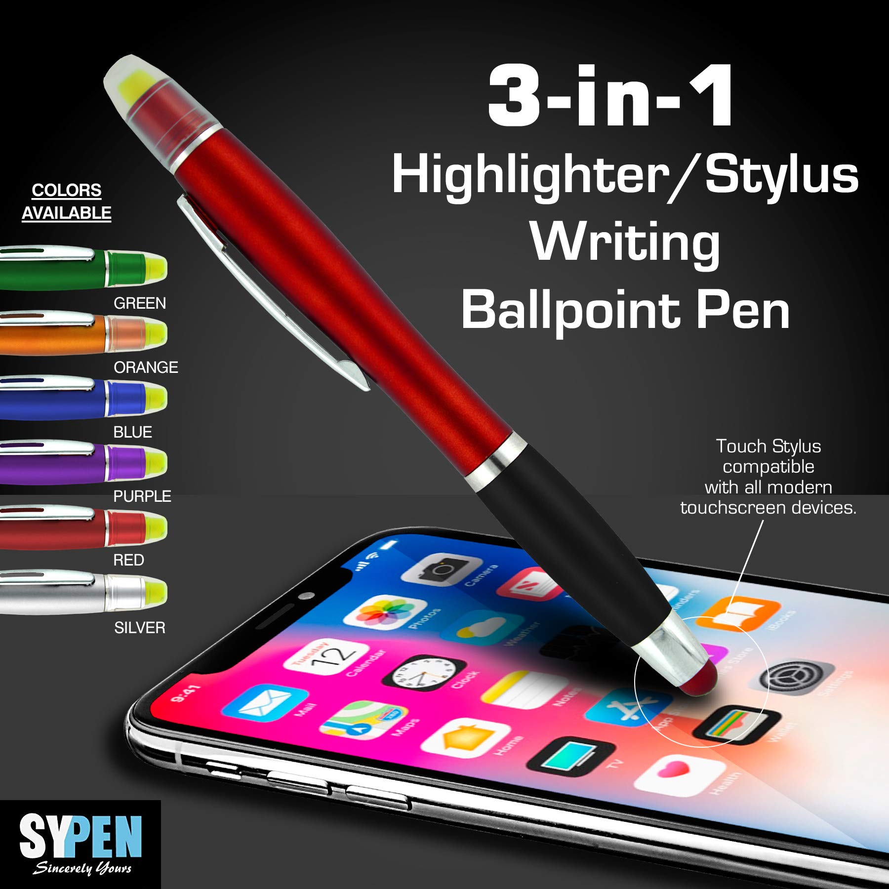 3 in 1 Bible Highlighter Pen with Stylus - Yellow Wax Gel Highlighters & Black Ballpoint Ink - Multi-Color Barrels (Pack of 12) - Perfect for Bible Study, Note Taking & Touchscreen Devices