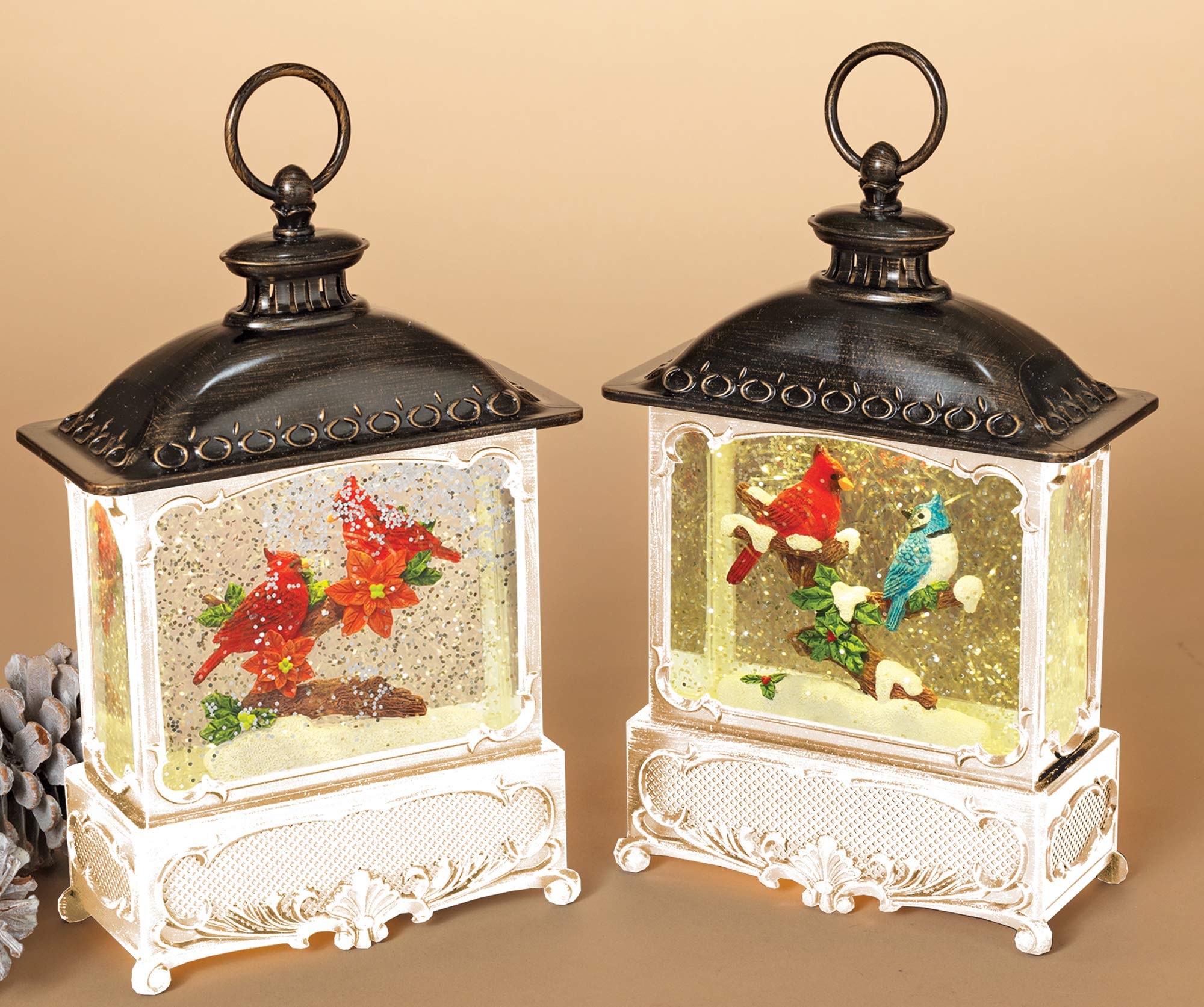 Gerson International Christmas Winter Scene Spinning Glitter Water Snow Globe Lantern with Timer - White Holiday Decor for Home, Office & Gift Giving