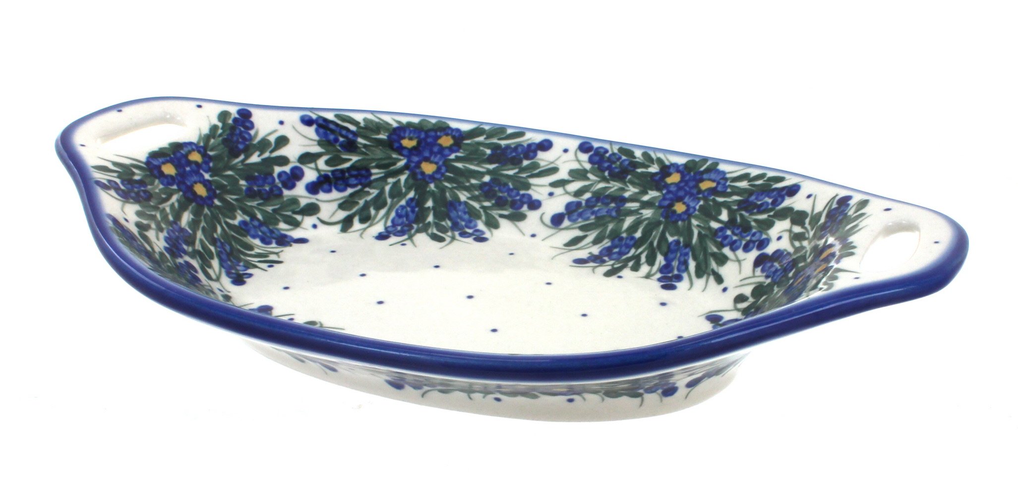 Handmade Blue Rose Polish Pottery Hyacinth Oval Serving Dish with Handles - Elegant Tableware for Dining, Home Decor & Gift Giving