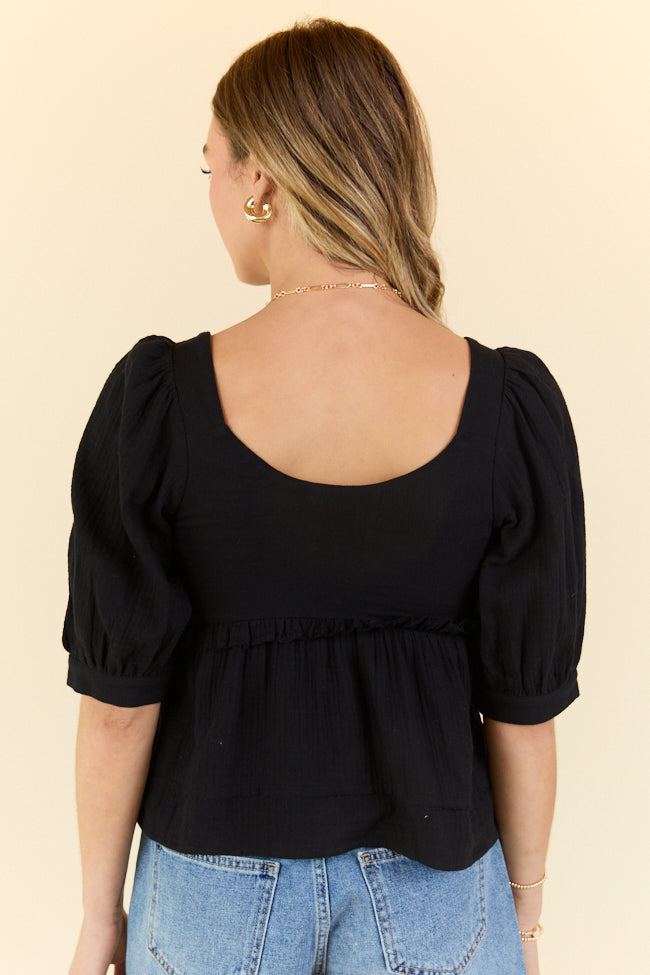 Black Babydoll Button-Up Woven Top for Women - Flowy Casual Blouse for Summer Outfits, Date Nights & Beach Cover-Up