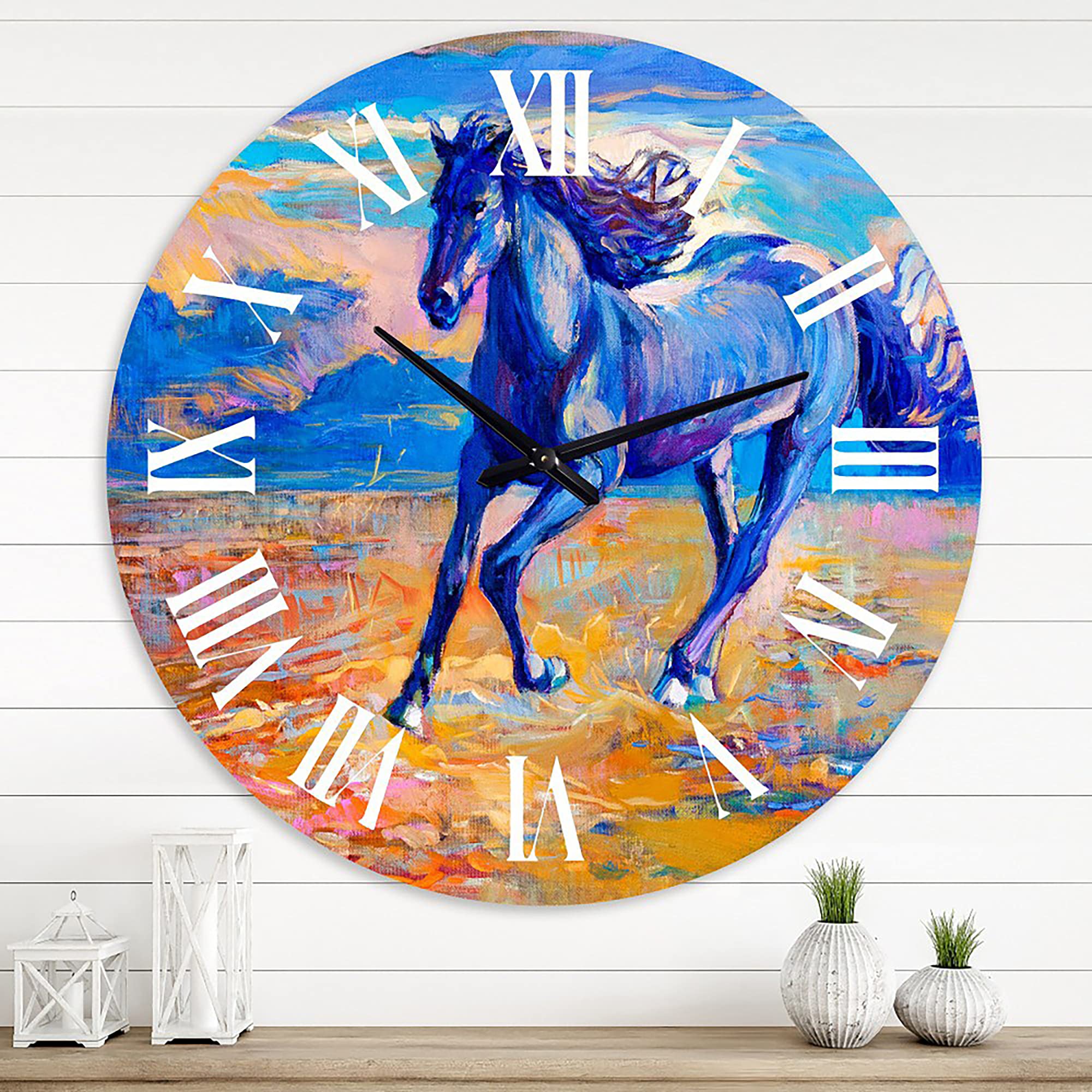 Farmhouse Wall Clock - Large Blue Horse Galoping Over Prairie Design, Rustic Animal Wall Decor for Kitchen, Living Room, Bedroom & Office | Perfect Country Home Decoration