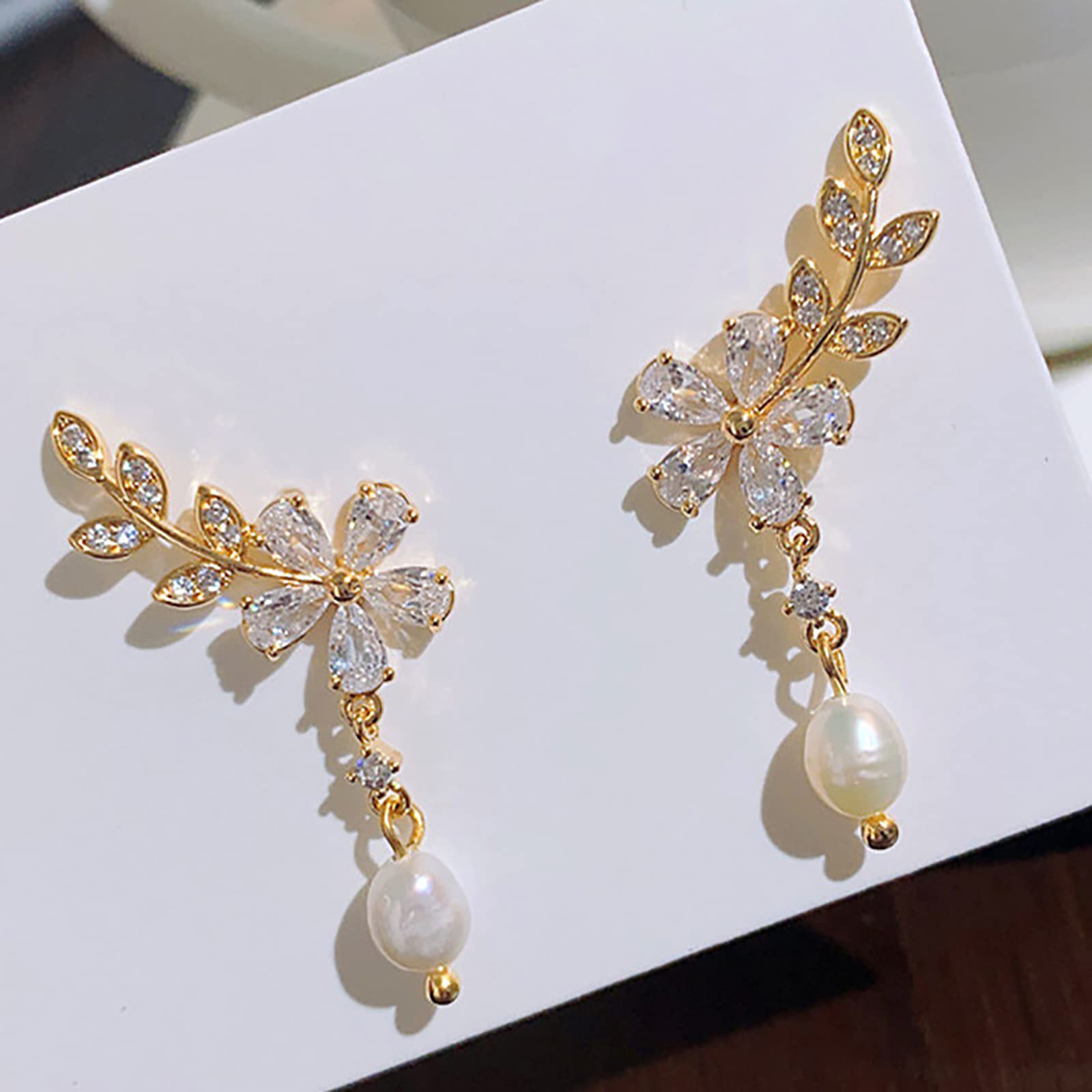 Sparkling Cubic Zirconia Flower Drop Dangle Crawler Earrings for Women - Rhinestone Crystal Stud Climber Cartilage Earrings with Tassel Chain - Perfect for Bridal, Wedding, Party & Evening Occasions (Pearl Flower Design)