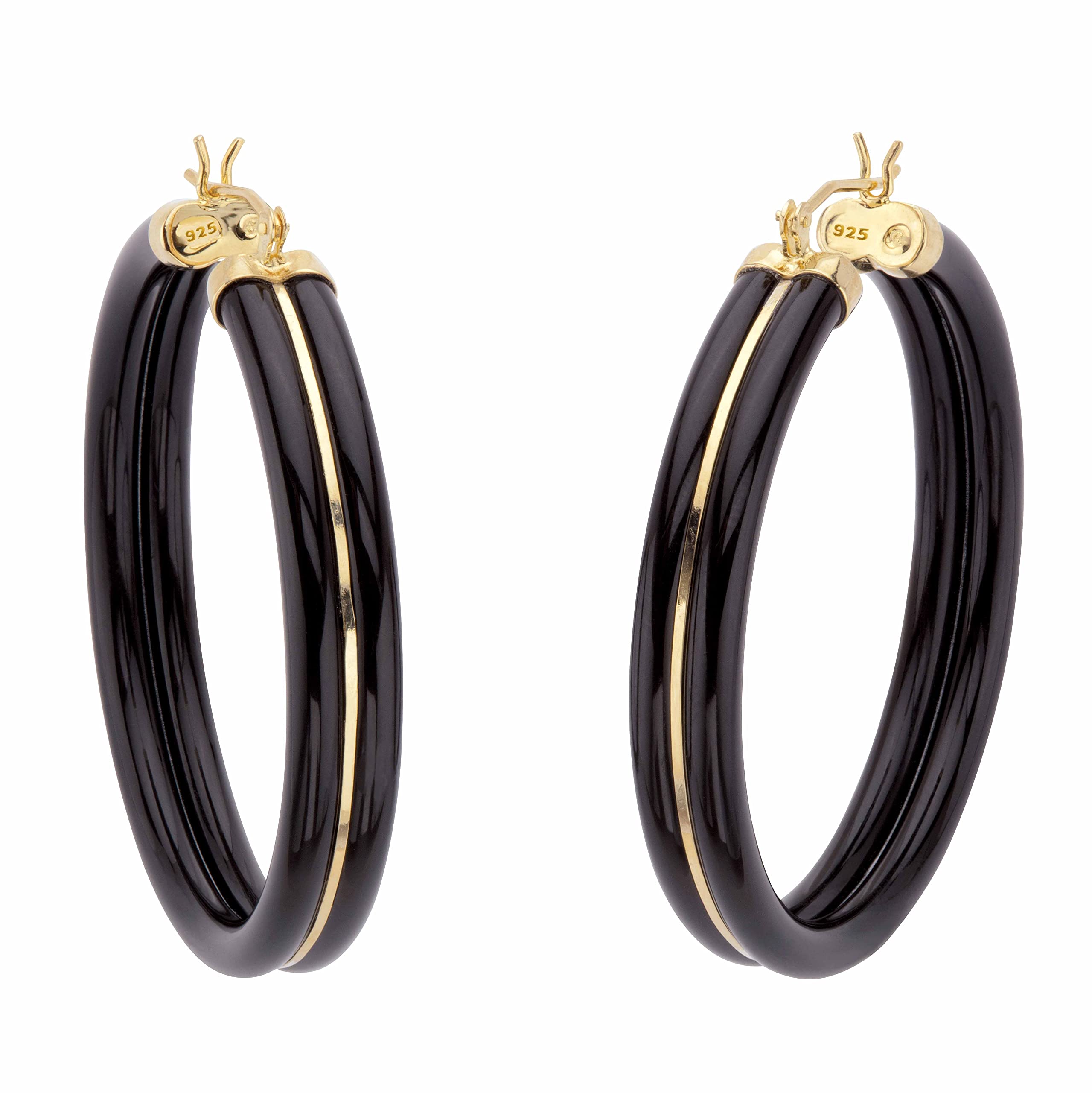 Yellow Gold Plated Sterling Silver Round Genuine Green/Black Jade Wide Hoop Earrings (34mm) - Elegant Statement Jewelry for Women, Perfect for Parties, Weddings & Special Occasions