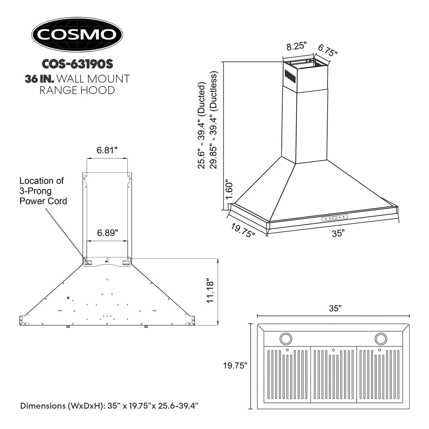 COSMO COS-63190S 36 Inch Stainless Steel Wall Mount Range Hood - 380 CFM Ducted Ventilation with Touch Controls & LED Lights for Kitchen - Ideal for Home Cooking, Baking and Smoke Removal