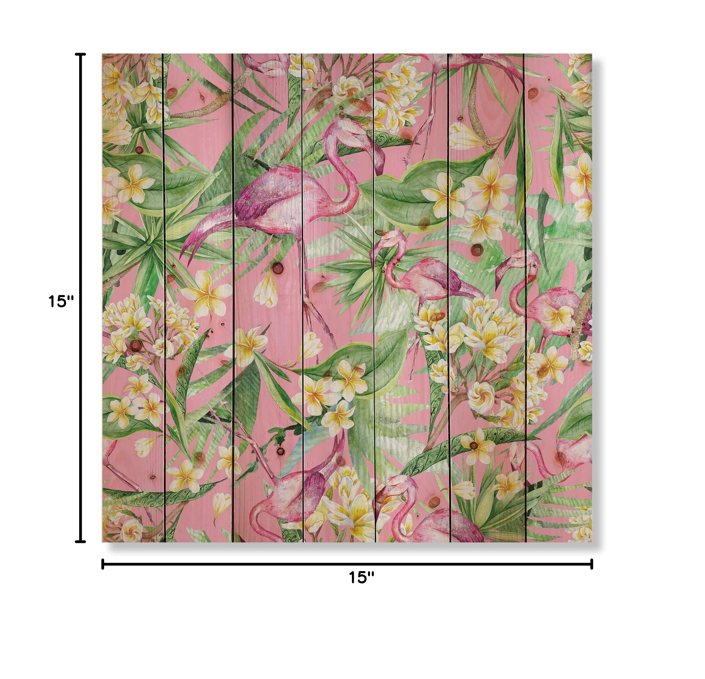 Tropical Floral Wood Wall Art - Pink Flamingo & Yellow Flowers on Pine for Home Decor