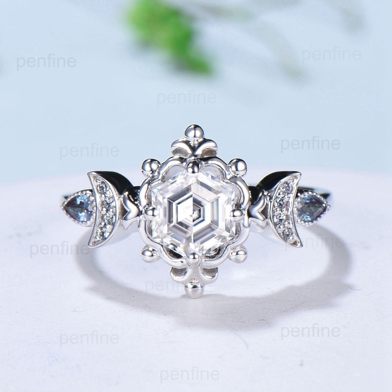 Hexagon Moissanite Engagement Ring with Floral Design, Crescent Moon Pear Alexandrite Cluster Wedding Band - Unique Handmade Promise Ring for Brides, Anniversary Gift | Perfect for Proposals, Weddings & Special Occasions