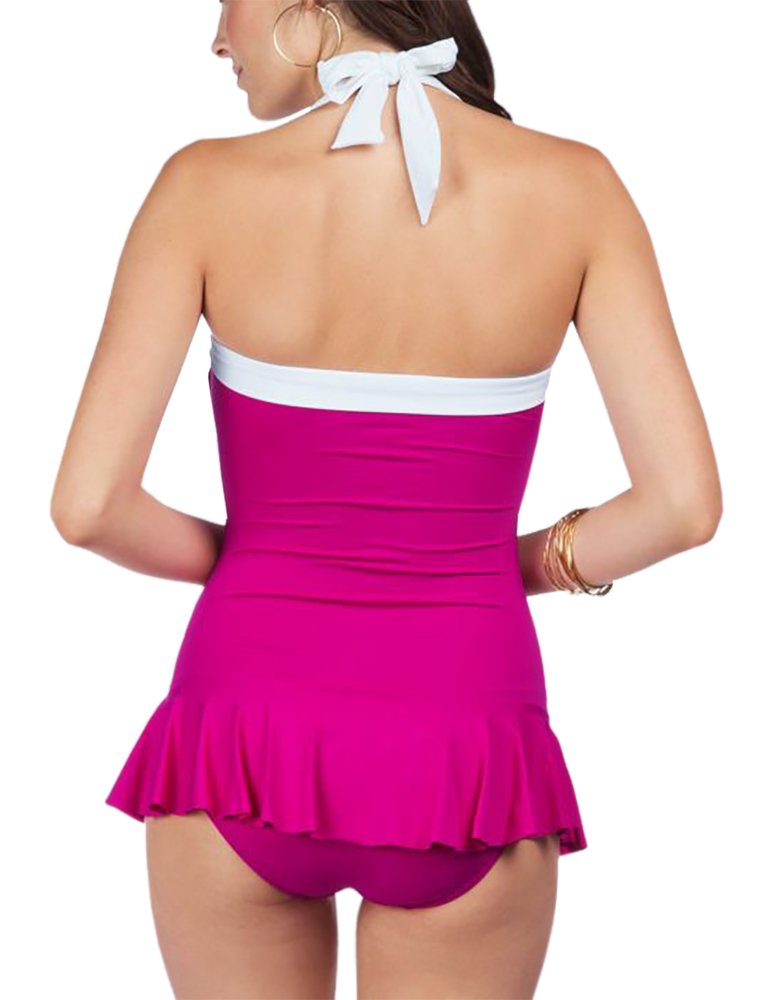 LAUREN by Ralph Lauren Women's Bel Aire Solids Shirred Bandeau Skirted Mio Slimming Fit One-Piece Swimsuit in Pink Hibiscus - Size 8 | Flattering Swimwear for Beach Vacations, Pool Parties & Summer Getaways