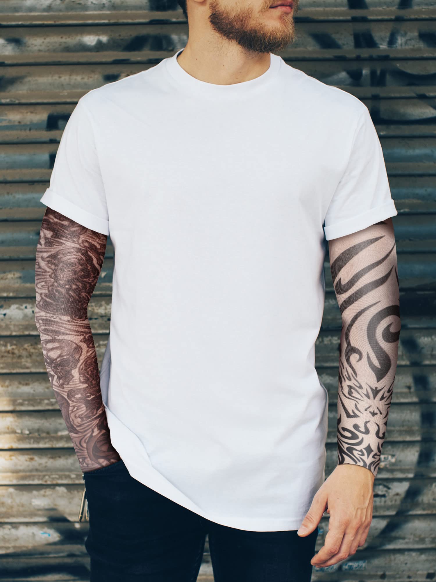 Geyoga 18 Pcs Men's Tattoo Sleeves - Fake Temporary Arm Tattoos, UV Sun Protection Sleeves & Cosplay Accessories for Halloween, Parties & Costume Events