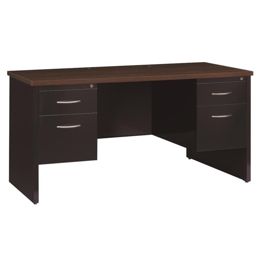 Pemberly Row Double Pedestal Metal Desk with Arch Pull Handles - Black/Walnut Finish for Home Office, Study Room & Workspace
