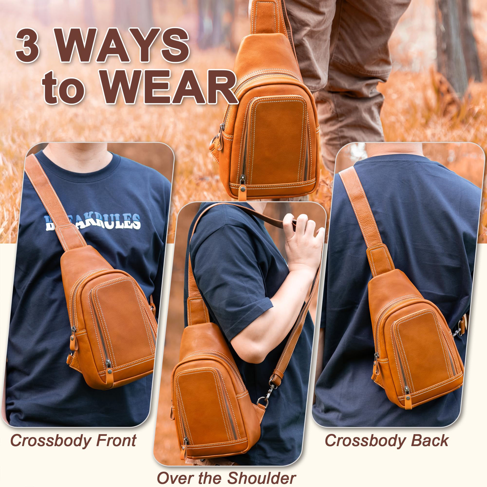 Genuine Leather Crossbody Sling Bag for Men & Women - Adjustable Shoulder Strap Chest Purse - Perfect for Travel, Hiking, Work & Daily Use