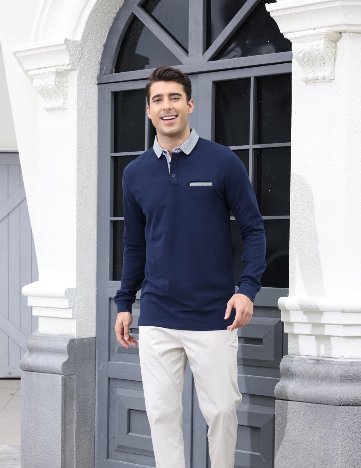 Men's Slim Fit Long Sleeve Polo Shirts - Classic Plaid Collar Cotton Golf Shirt for Casual Wear & Sports | Breathable Comfort for Golf, Office & Outdoor Activities