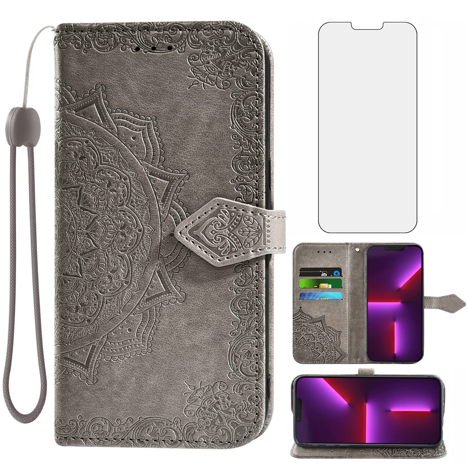 iPhone 13 Pro Wallet Case with Card Holder & Tempered Glass Screen Protector - 6.1