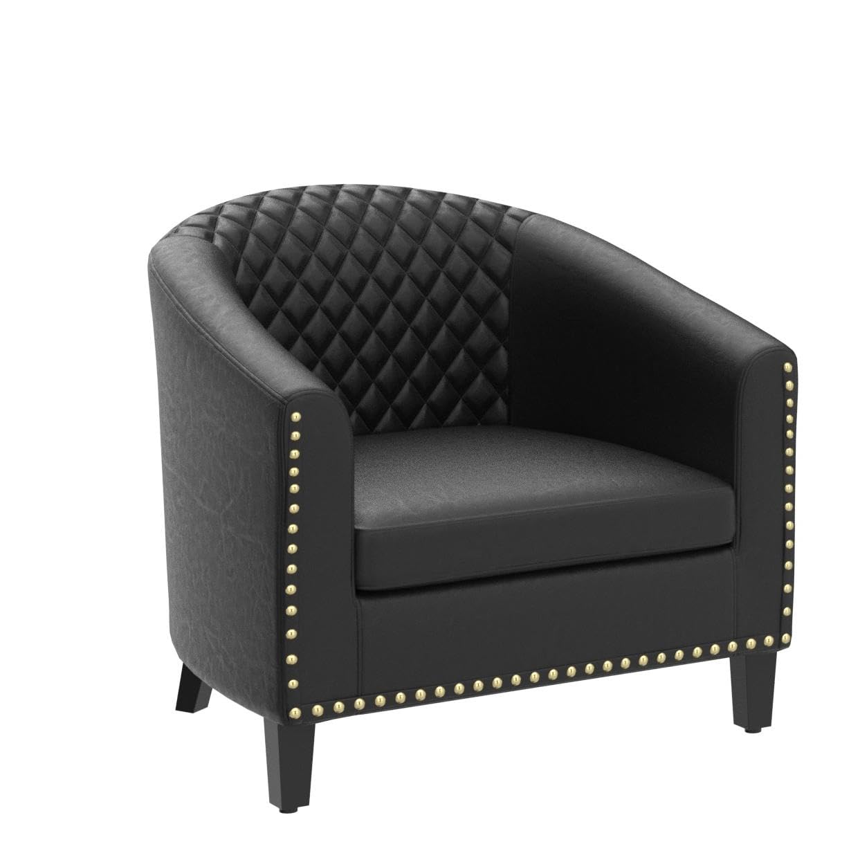 Premium Soft Leather Barrel Club Chair - Classic Upholstered Accent Armchair with Solid Wood Legs & Nailhead Trim for Living Room, Bedroom, Office & Guest Seating - Comfy Single Sofa Chair for Relaxing & Conversation (Black)