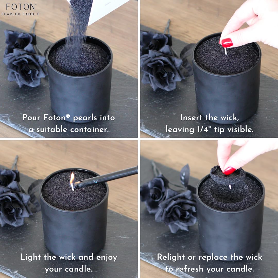 Foton Pearled Candle 18oz - Black Unscented Non-Toxic Long-Lasting Powder Candles (120 Hours Burn Time) - Refillable Candle Sand with 30 Wicks for DIY Candle Making - Perfect for Home Decor, Weddings & Relaxation
