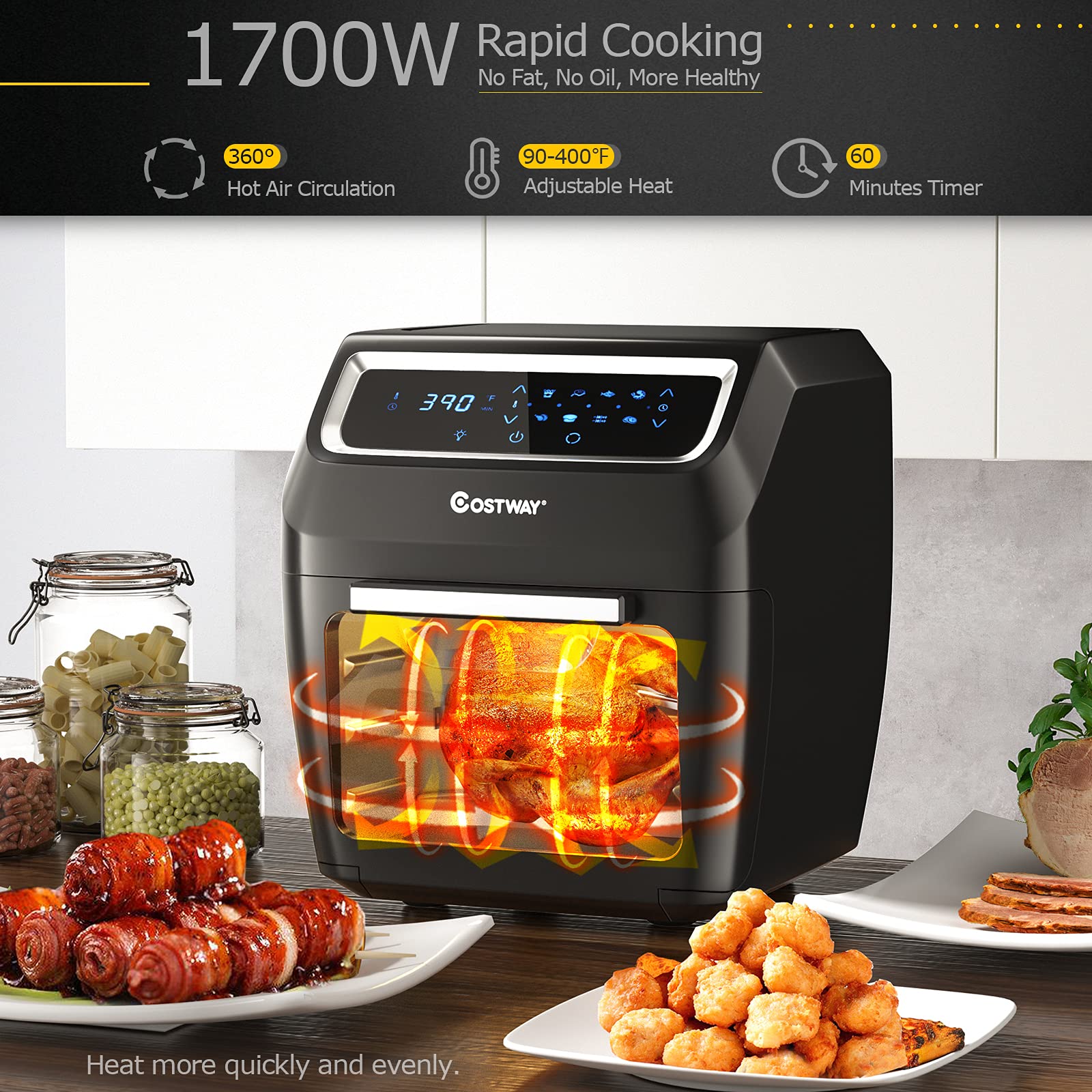 COSTWAY 8-in-1 Air Fryer Oven with Rotisserie & Dehydrator, 1700W Countertop Convection Oven with LED Touch Screen - Perfect for Pizza, Toast, Turkey, Roasting, and Healthy Snacks