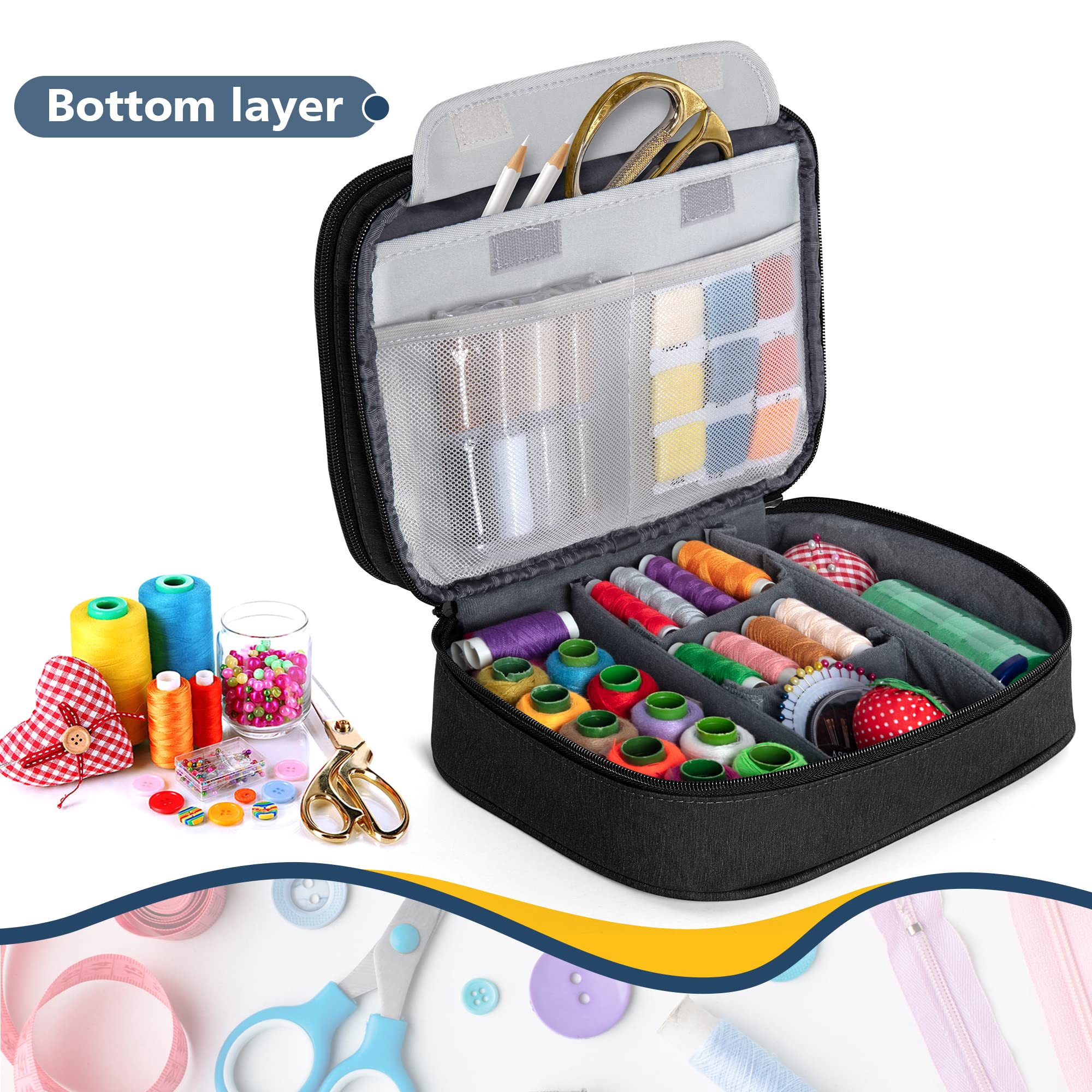 BUBM Double Layer Sewing Organizer with Detachable Dividers - Medium Black Sewing Kit Storage Bag for Needles, Thread & Notions | Perfect for Travel, Home Crafting & Sewing Projects