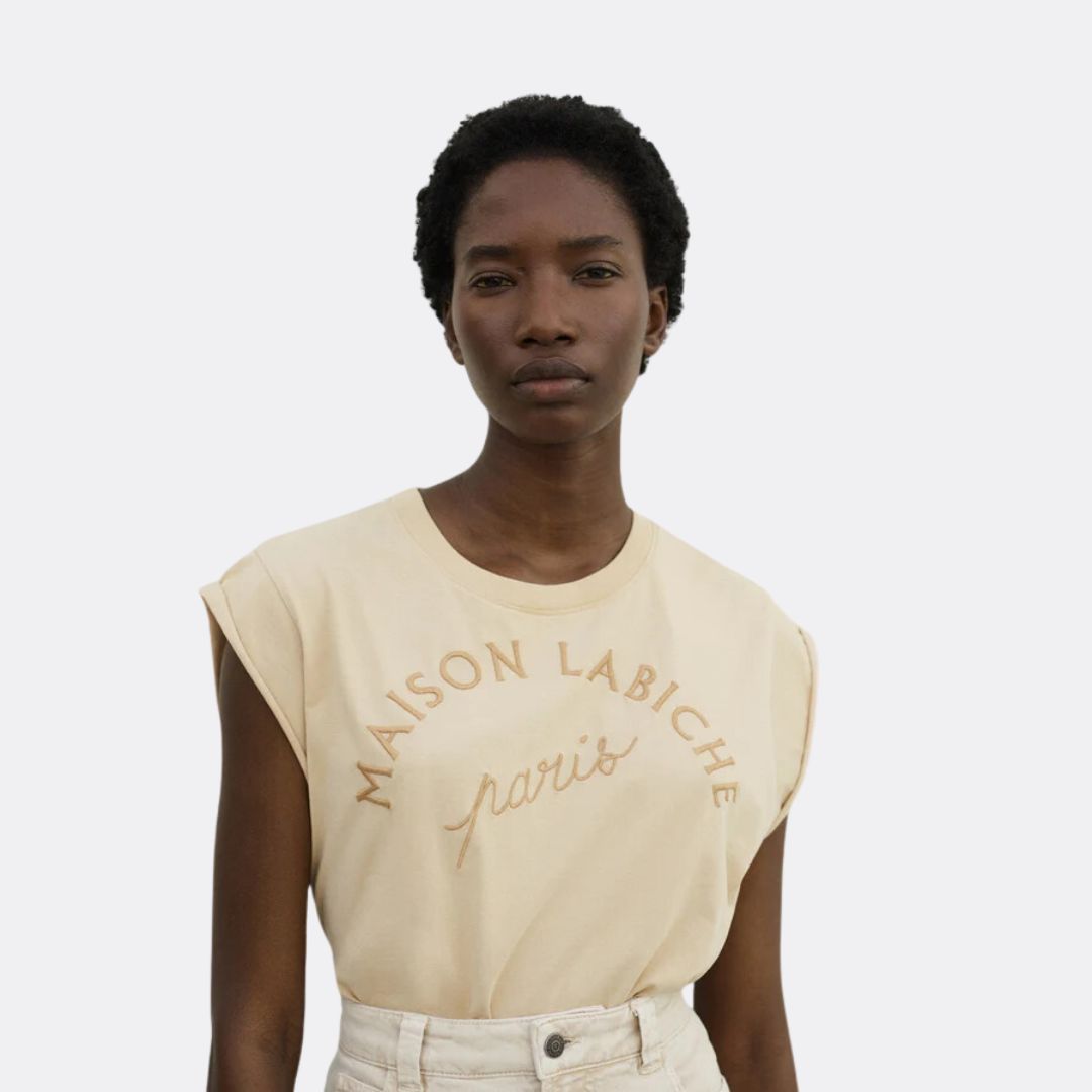Maison Labiche Paris Sedaine T-Shirt for Men - Light Khaki Cotton Crew Neck Tee | Casual Wear, Street Style & Everyday Outfits