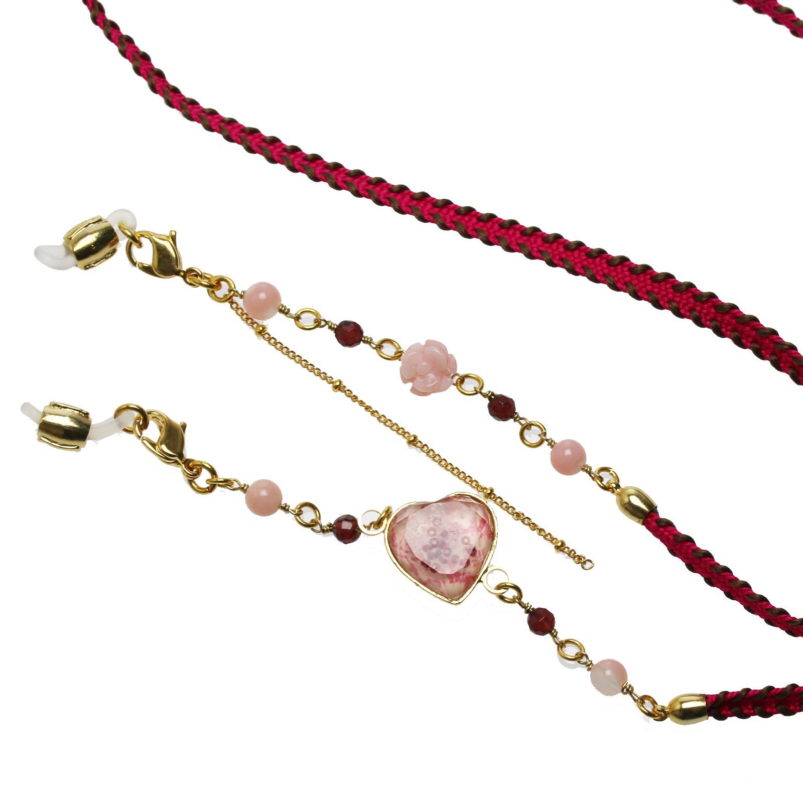 Handmade Gold Glasses Chain Necklace with Plum Garnet & Common Opal Birthstone - Elegant Pink Ribbon Design for Women | Perfect Gift for Birthday, Anniversary & Everyday Wear