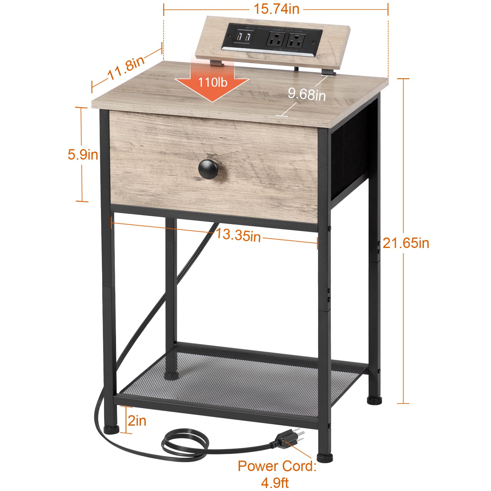 AMHANCIBLE Night Stand Set of 2 - Modern End Tables with USB Charging Station & Fabric Storage Drawer - Slim Bedside Tables for Small Spaces - Greige (HET03SDPGY) - Perfect for Bedroom, Living Room & Apartment Decor