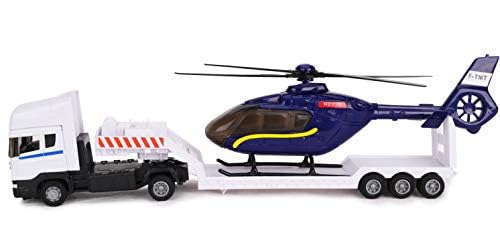 Toyland® Scania Flatbed Hauler with Helicopter - 1:48 Scale Diecast Model Truck Toy - Free Rolling Wheels - Transport Vehicle Collectible - Gift for Boys & Collectors (White Truck/Blue Helicopter) - Perfect for Playtime, Display & Pretend Transport Adventures