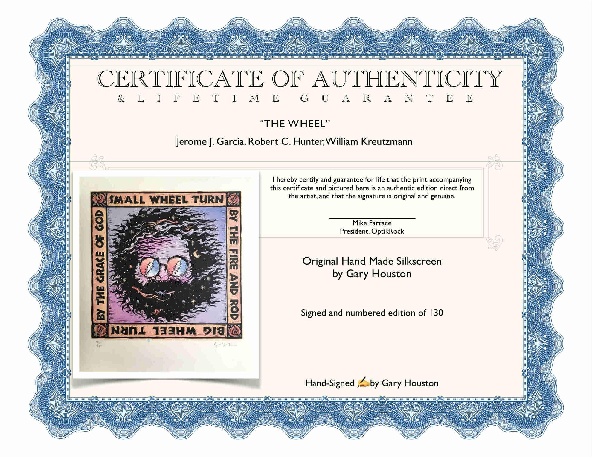 Authentic Signed Gary Houston Poster 'The Wheel' Lyrics by Jerry Garcia & Robert Hunter - Grateful Dead Memorabilia for Music Fans & Home Decor