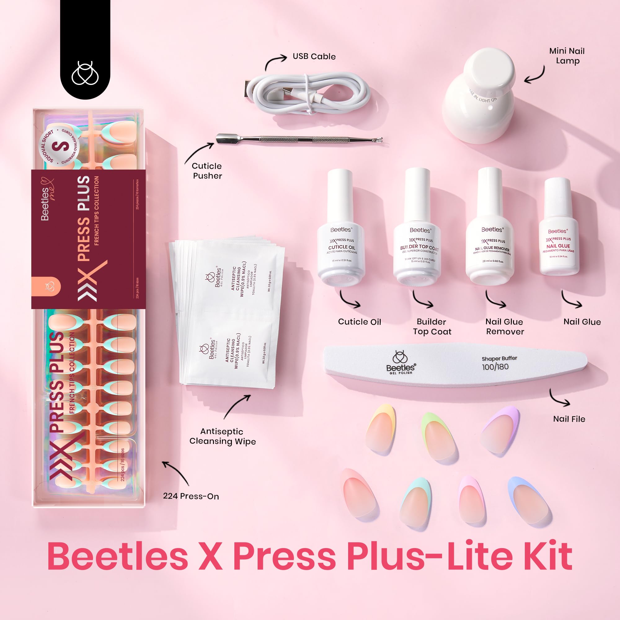 Beetles X Press Plus French Tips Press On Nails - 224 Pcs Short Almond Fake Nails with Pre-Applied Primer & Base Coat | Pastel Gel Nail Extensions for Women | Easy Soak Off UV Manicure Kit for Daily Wear, Parties & Special Occasions