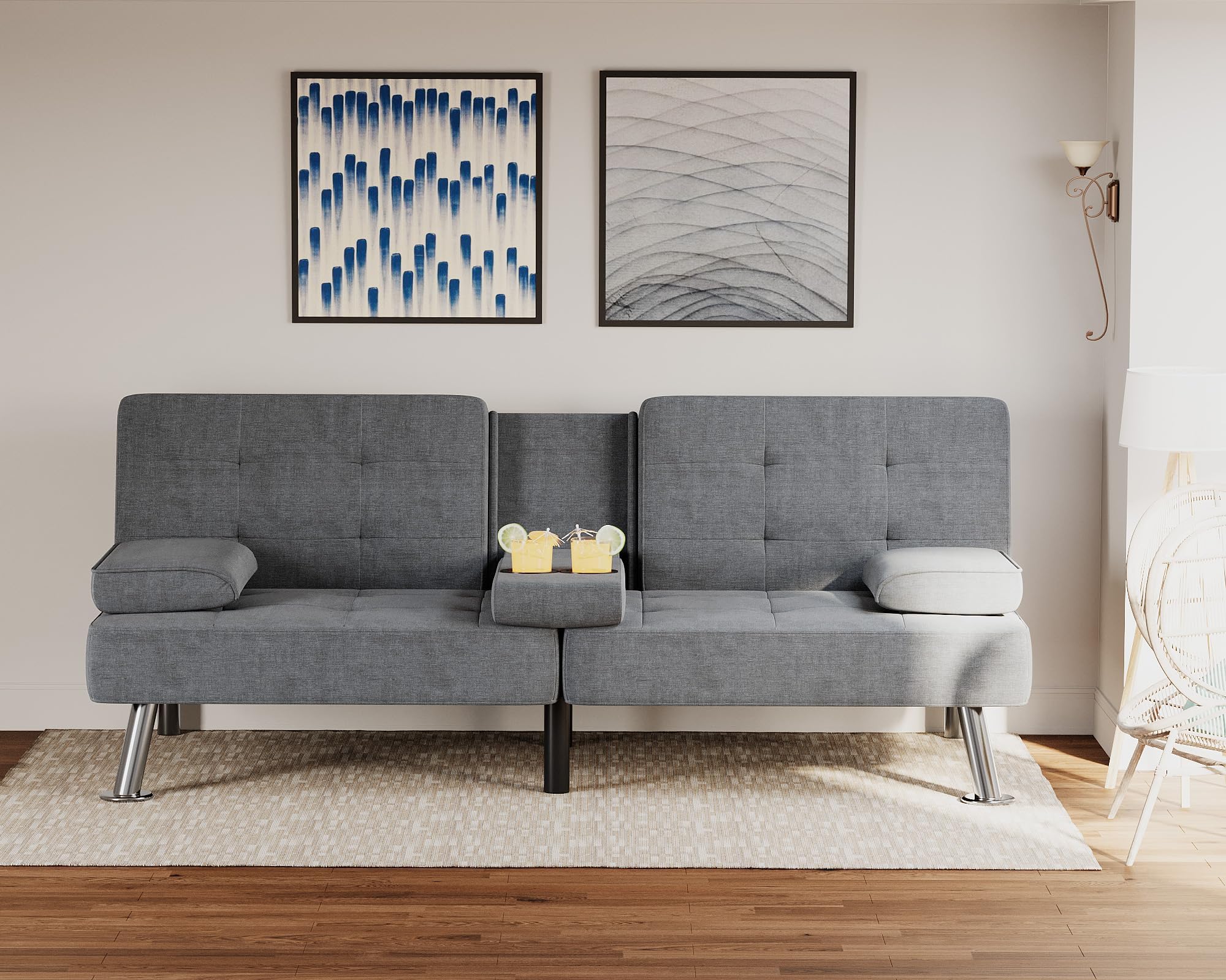 Modern Folding Futon Sofa Bed - Convertible Linen Fabric Recliner Lounge with 2 Cup Holders & Removable Armrests for Living Room, Bedroom or Guest Room (Grey) - Space-Saving Multi-Functional Furniture for Small Apartments & Home Offices