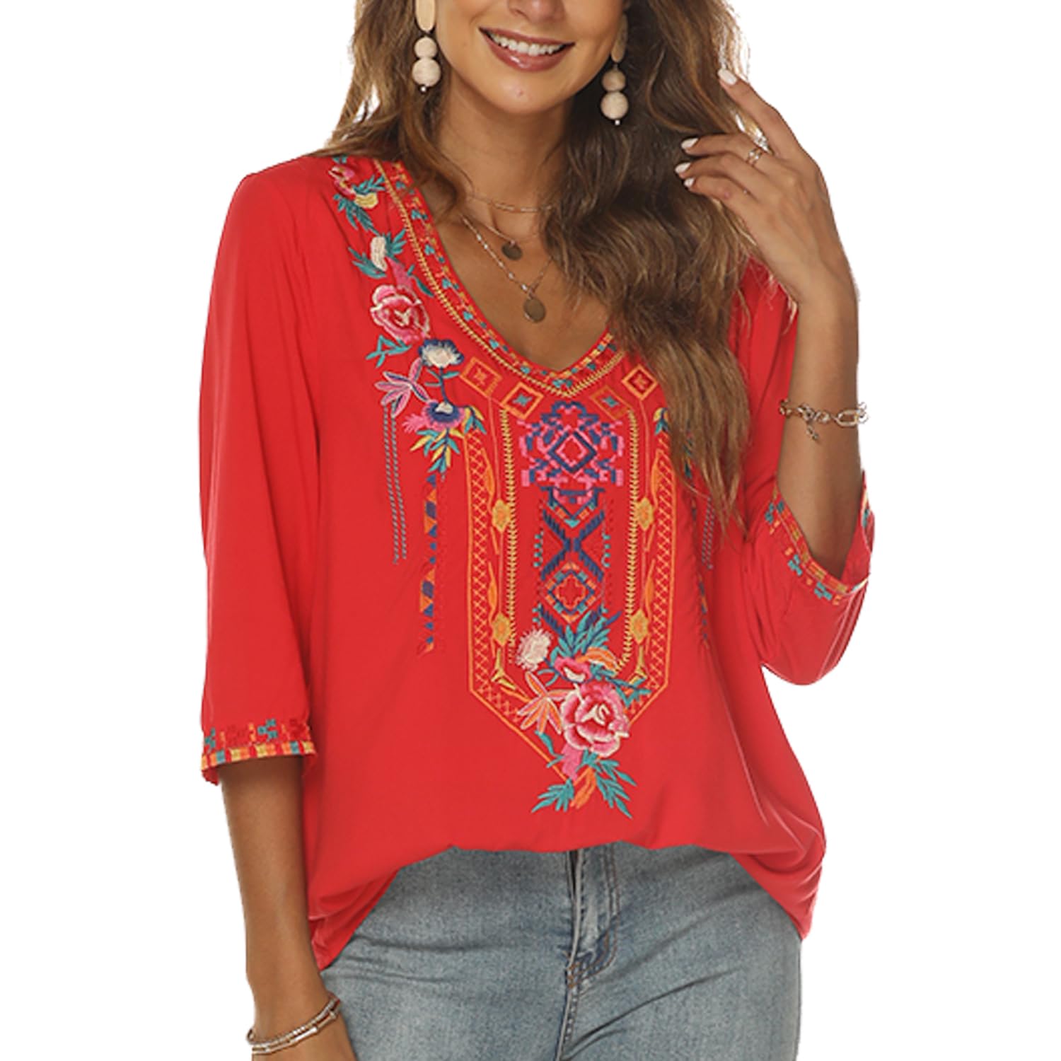 Higustar Women's Mexican Embroidered Bohemian Blouse - 3/4 Sleeve Peasant Top, Boho Tunic Shirt, Hippie Style Fiesta Clothing for Casual Wear, Music Festivals & Beach Vacations