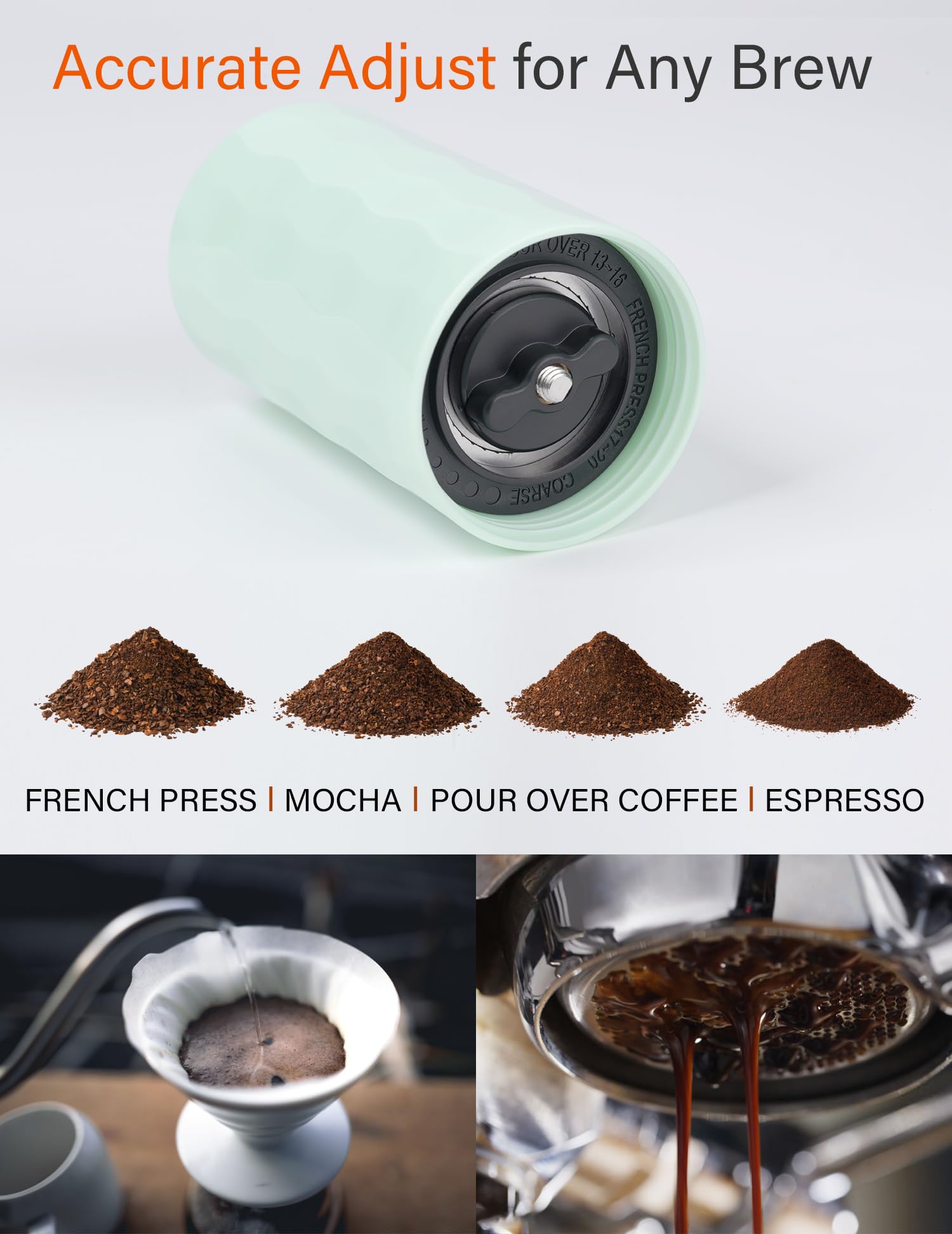 Premium Manual Stainless Steel Burr Coffee Grinder - Adjustable Fineness, Portable Hand Crank Mill for Espresso, Drip Coffee & French Press - Perfect for Camping, Travel, Hiking & Home Use - Ideal Gift (Pale Green)