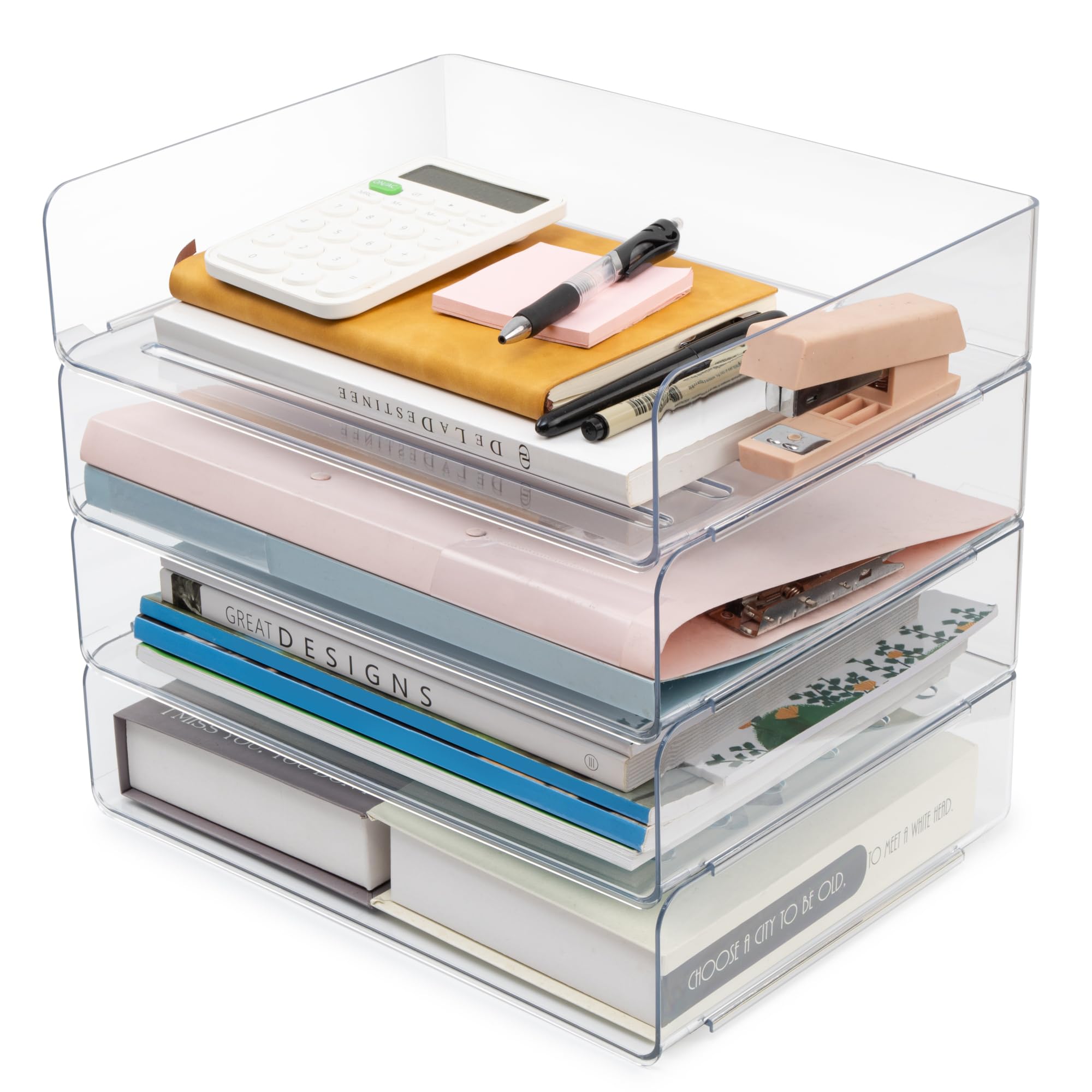 Clear Stackable 4-Tier Desk Organizer - A4 Size Letter Tray for Office, Home & Classroom | Perfect for Documents, Folders, Books & Magazines | Ideal Workspace & Study Organization Solution