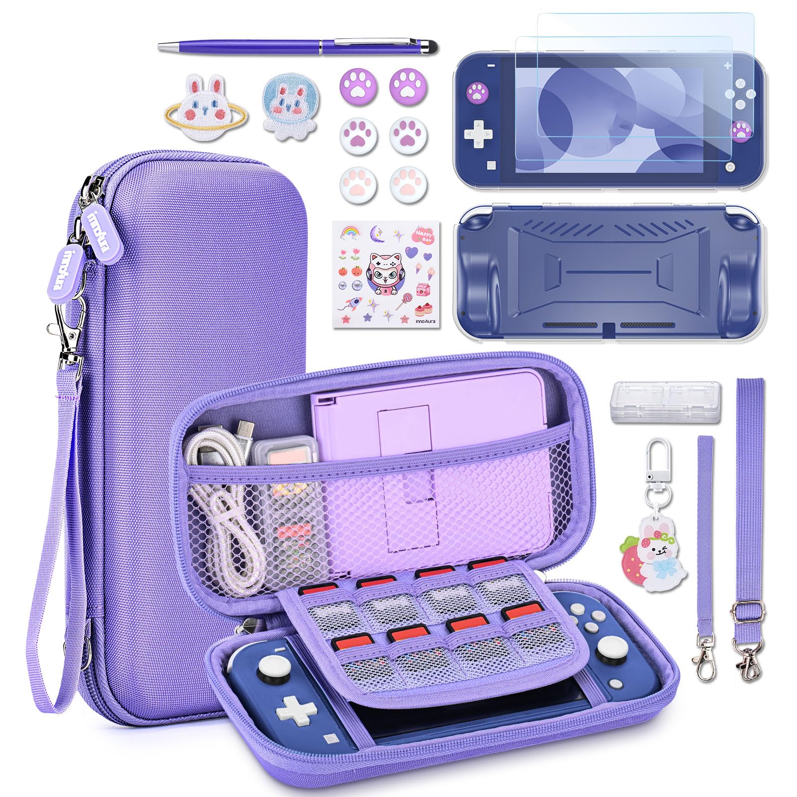 InnoAura 18-in-1 Nintendo Switch Lite Accessories Bundle - Protective Carrying Case, Game Case, Screen Protector, Thumb Grips (Purple) - Perfect for Travel, Gaming On-The-Go & Switch Lite Protection
