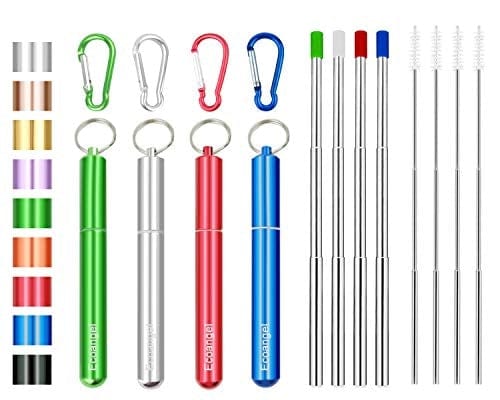 4 Pack Collapsible Stainless Steel Straws - Reusable Metal Drinking Straws with Cleaning Brush & Keychain Case (Silver, Blue, Red, Green) | Perfect for Smoothies, Iced Coffee, Travel & Eco-Friendly Lifestyle