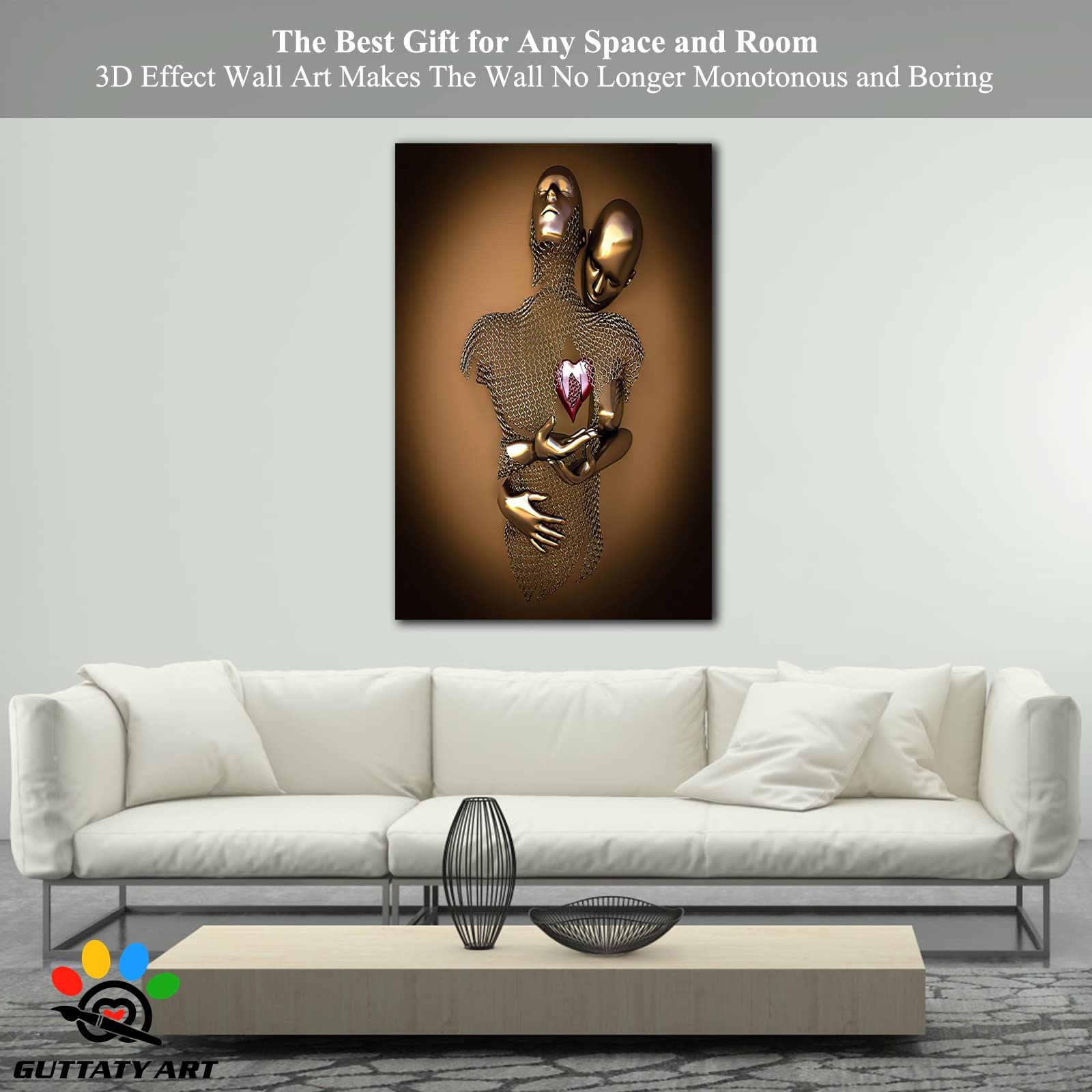 3D Metal Effect Love Heart Gray Gold Canvas Wall Art - Romantic Hugging Couple Painting for Bedroom & Living Room Decor - Valentine's Day Gift for Couples (28x40 Inches) - Perfect for Anniversary, Wedding & Home Interior Design