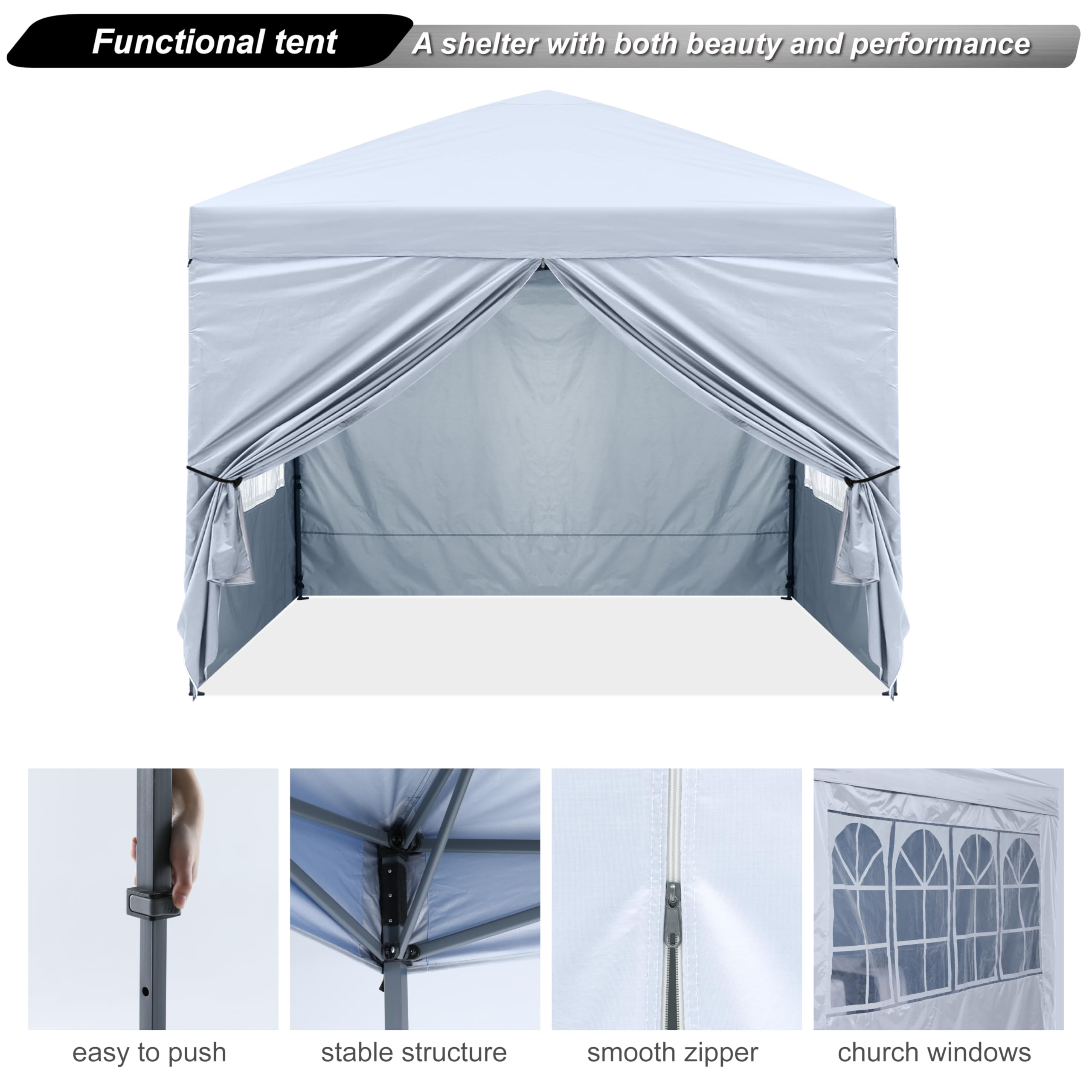 10x10 Pop Up Canopy Tent with Zippered Side Walls & Church Windows - Portable Instant Shelter for Outdoor Events, Parties, Camping - Includes 4 Weight Bags (White) | ABCCANOPY Weatherproof Gazebo for Backyard, Beach & Church Gatherings