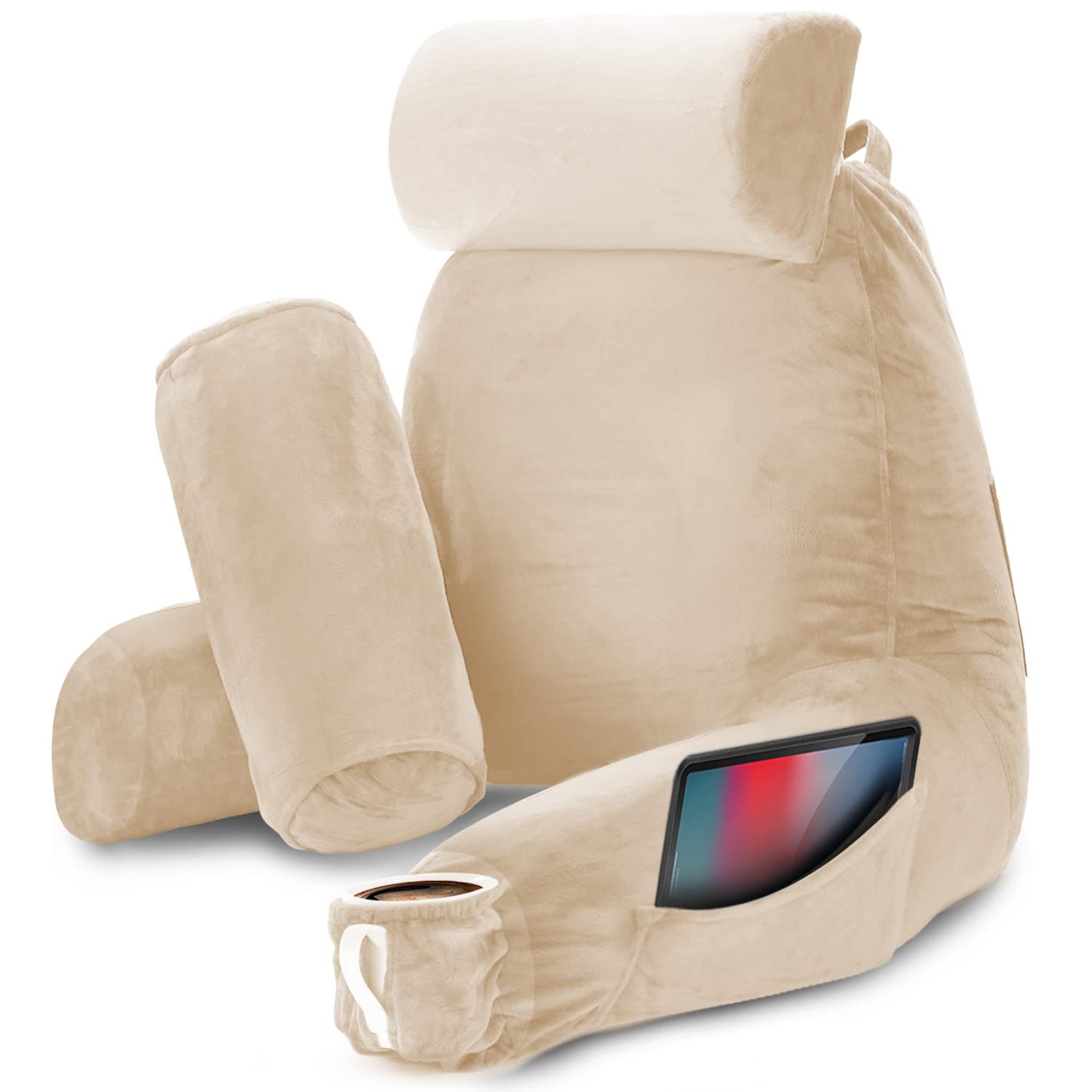 Nestl Reading Pillow with Shredded Memory Foam - Large Back Support Pillow for Sitting in Bed, Reading, or Relaxing | Beige Cream Bed Chair Pillow with Pockets | Perfect for Cozy Reading Nooks, Dorm Rooms & Home Offices