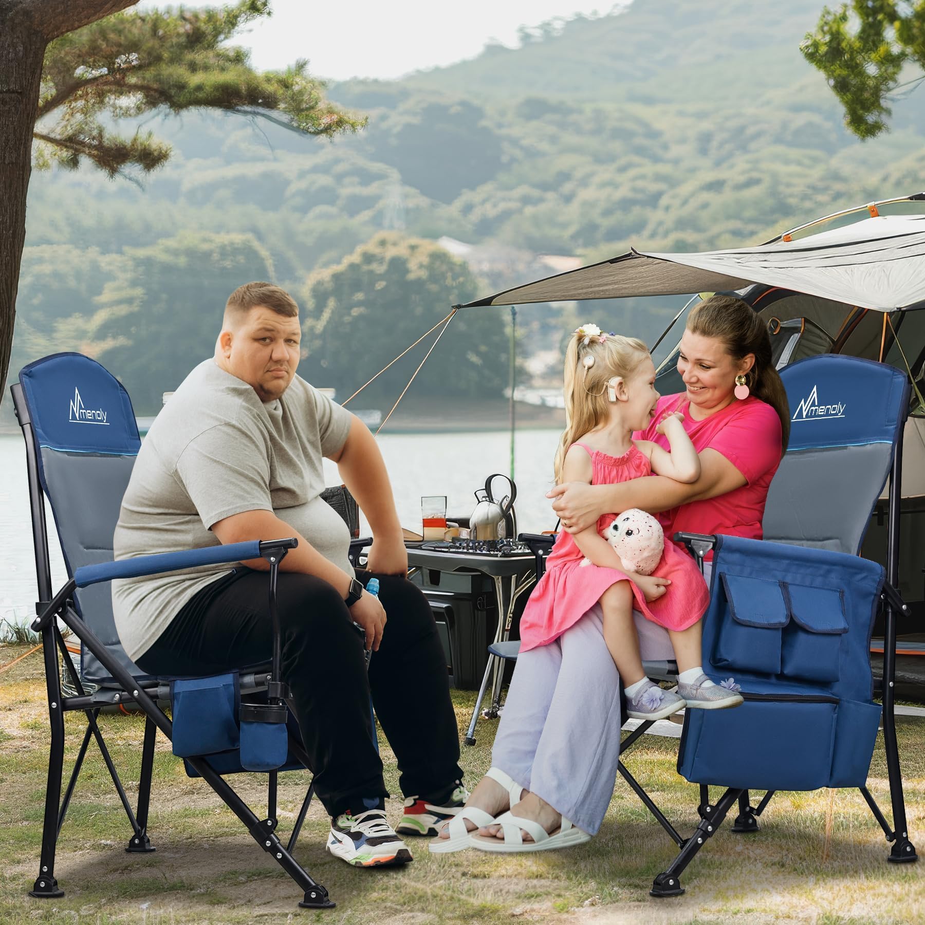 MENOLY Oversized Folding Camping Chair with Cooler Bag - Heavy Duty 500lbs Capacity Portable Chair for Adults - Side Pockets & Cup Holder - Perfect for Camping, Beach, Fishing, Backyard & Outdoor Events