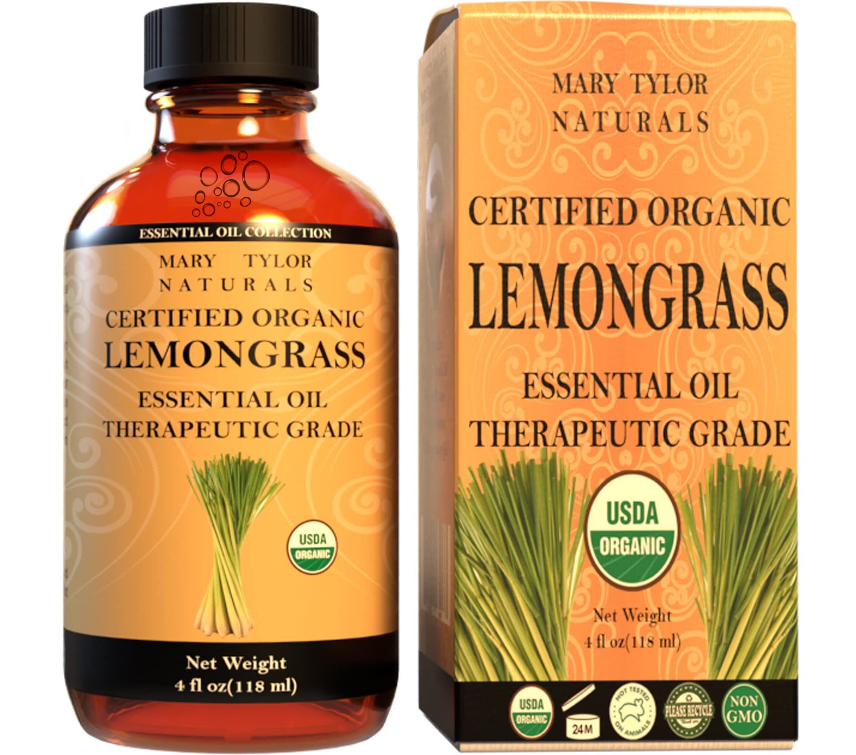 Organic Lemongrass Essential Oil 4 oz - USDA Certified, 100% Pure Natural Aromatherapy Oil for Diffusers, Massage & DIY Skincare by Mary Tylor Naturals | Relaxing, Stress Relief & Home Spa Use
