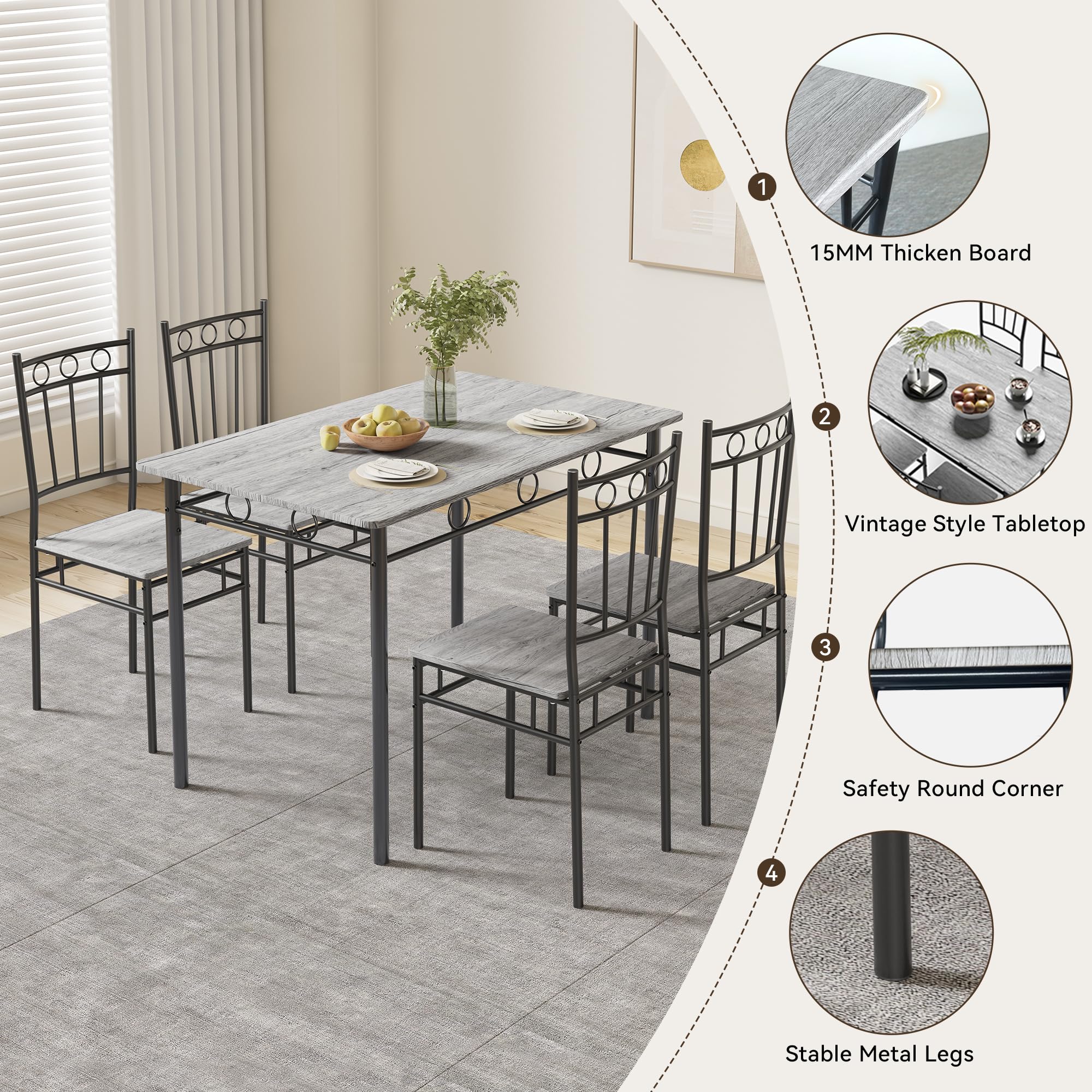 5-Piece Retro Grey Dining Table Set for 4 - Space-Saving Rectangular Kitchen Table with 4 Chairs - Perfect for Small Spaces, Apartments & Dinettes | Ideal for Family Meals, Dinner Parties & Cozy Breakfasts