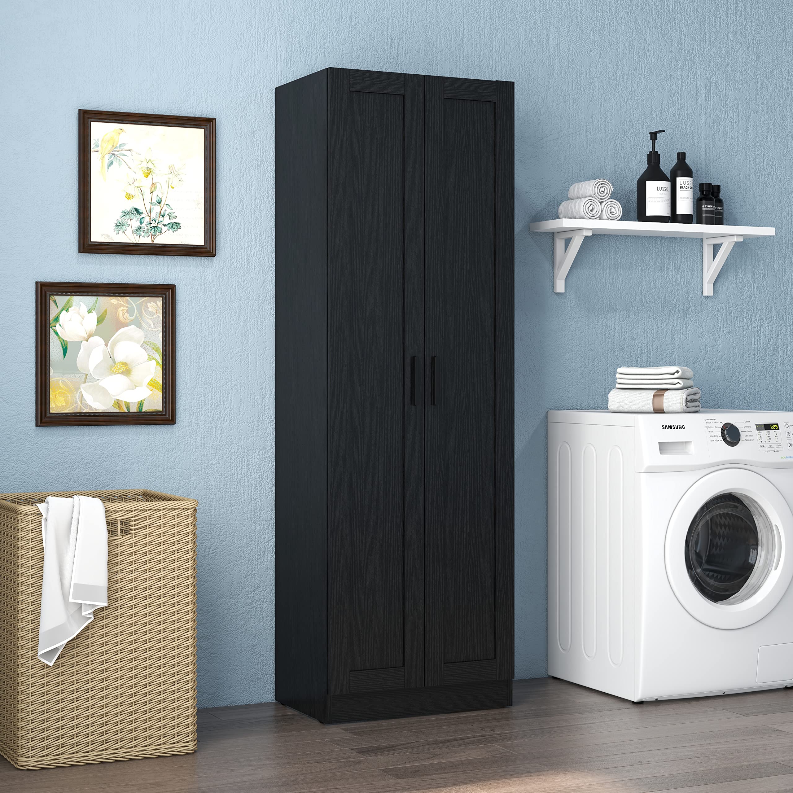 Panana 45-Inch Tall Wooden Storage Cabinet with 2 Doors & Adjustable Shelves - Freestanding Narrow Pantry Organizer for Kitchen, Bathroom or Office (Black)