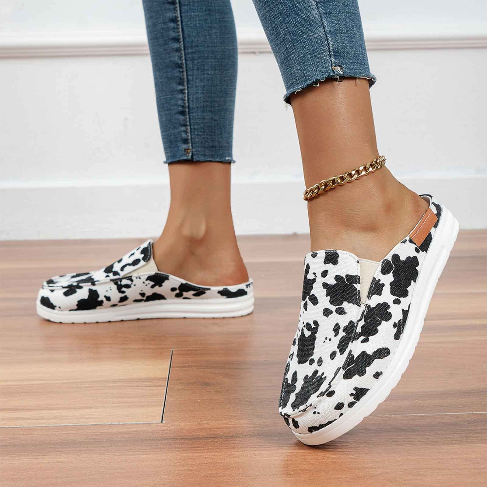 Women's Cow Print Canvas Sneakers - Comfortable Slip-On & Lace-Up Loafers for Casual Wear, Work & Outdoor Activities