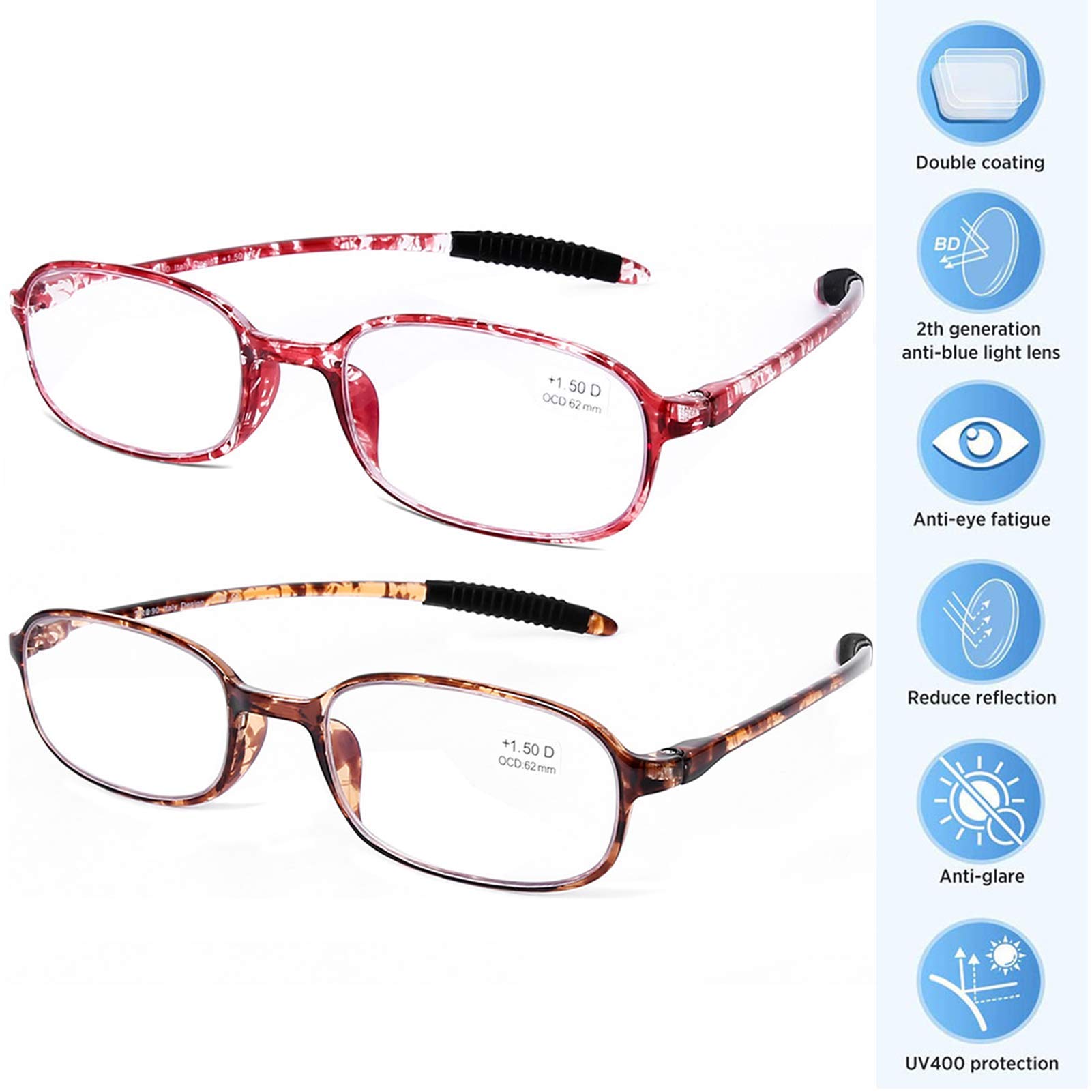 AQWANO 2 Pack Blue Light Blocking Computer Glasses - UV Protection, Flexible TR90 Frame, Lightweight Reading Glasses for Women & Men (+3.5 Strength) - Perfect for Office Work, Gaming & Screen Time