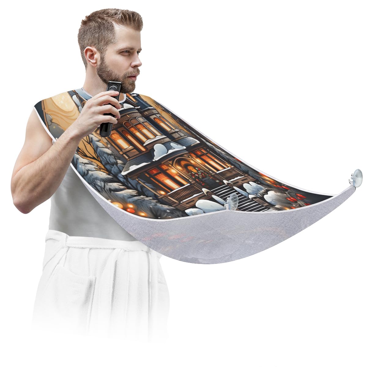 Snowy Night Castle Pattern Beard Shaving Bib for Men - Waterproof Barber Apron for Hair Dye & Makeup - Sink Hair Catcher for Beard Trimming & Lineup - Perfect Gift for Barbers & Stylists (Great for Home Grooming & Salon Use)