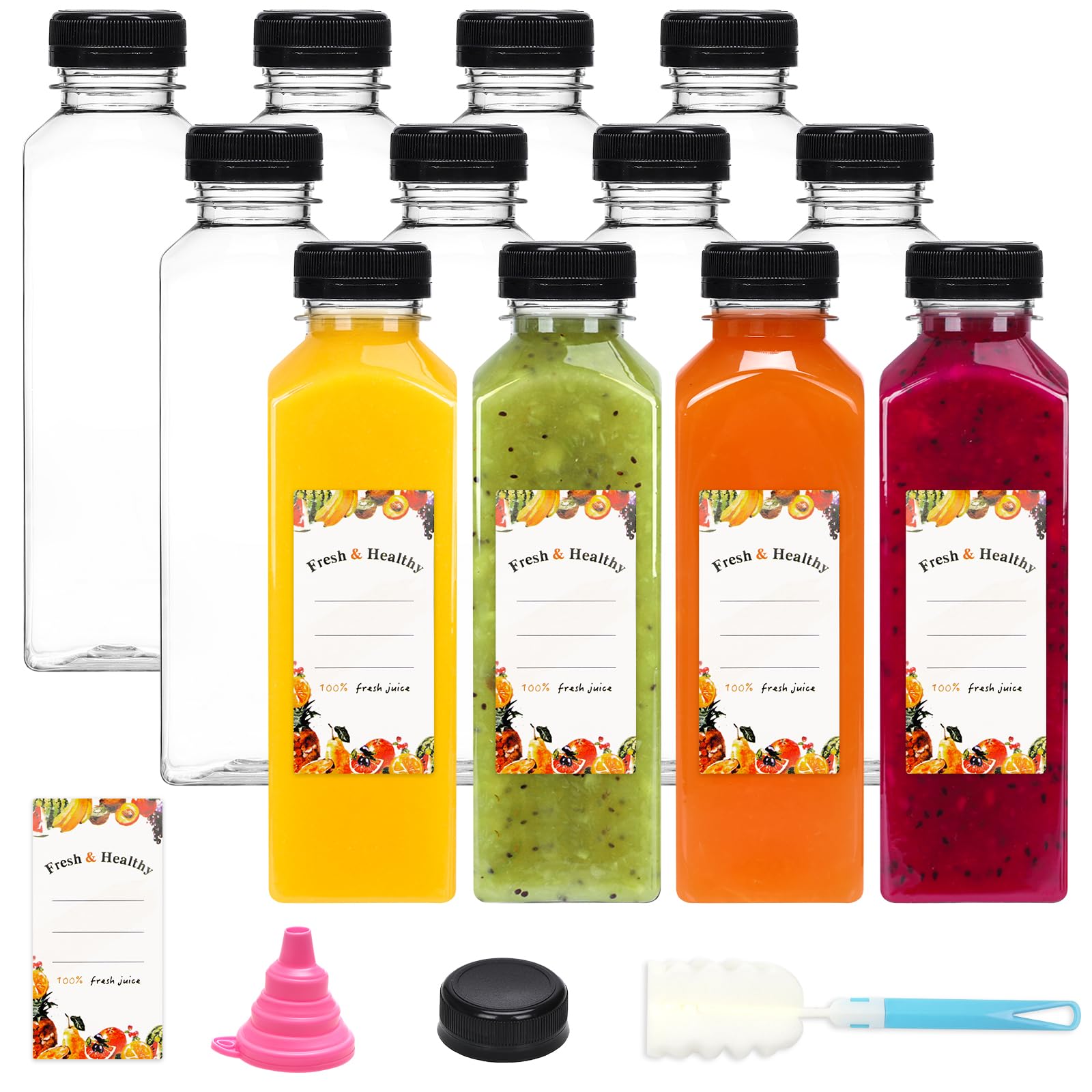 Moretoes 81-Pack 16oz Clear Plastic Juice Bottles with Lids - Reusable Empty Bottles for Smoothies, Beverages, DIY Drinks - Includes Brush, Funnel & Labels - Perfect for Home, Cafe, Juice Bar, Party Favors