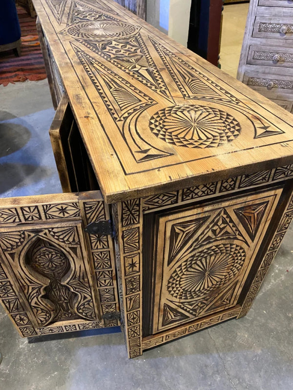 Hand Carved Wooden Sideboard Cabinet - 4 Door Storage Buffet Console Table for Dining Room, Living Room & Entryway - Rustic Farmhouse Furniture for Home Decor